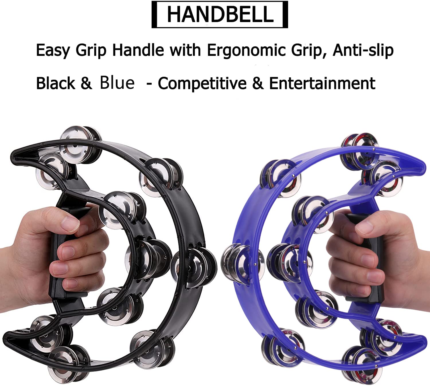 Lot de 2 tambourins à double rangée de 25,4 cm pour adulte, demi-lune, 20 grelots en métal, tambourins à percussion à main en plastique, pour adultes, église, karaoké, fête, noir et bleu