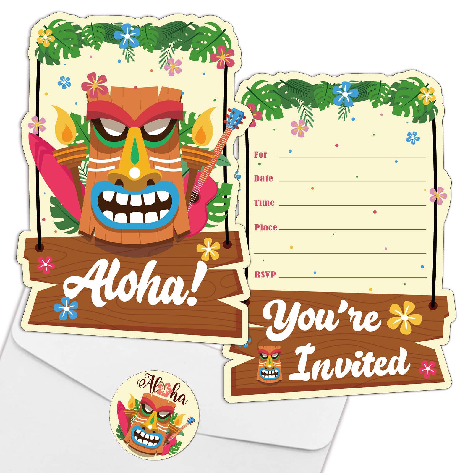 REWIDPARTY Aloha Luau Party Invitations with Envelopes & Stickers（Set of 15） Tiki Luau Shaped Fill-in Invitations Hawaiian Summer Party Invites Cards