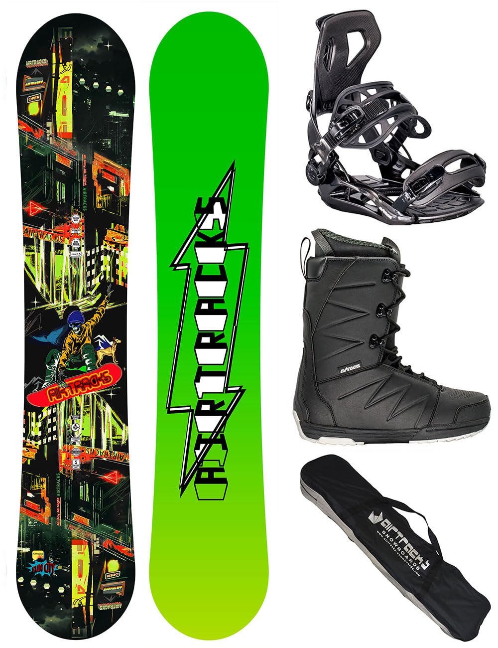 Airtracks Set snowboard Fun City Carbon Wide Hybrid Rocker + Bindung Master Fastec + Boots + SB Bag 150 157 159 162 cm