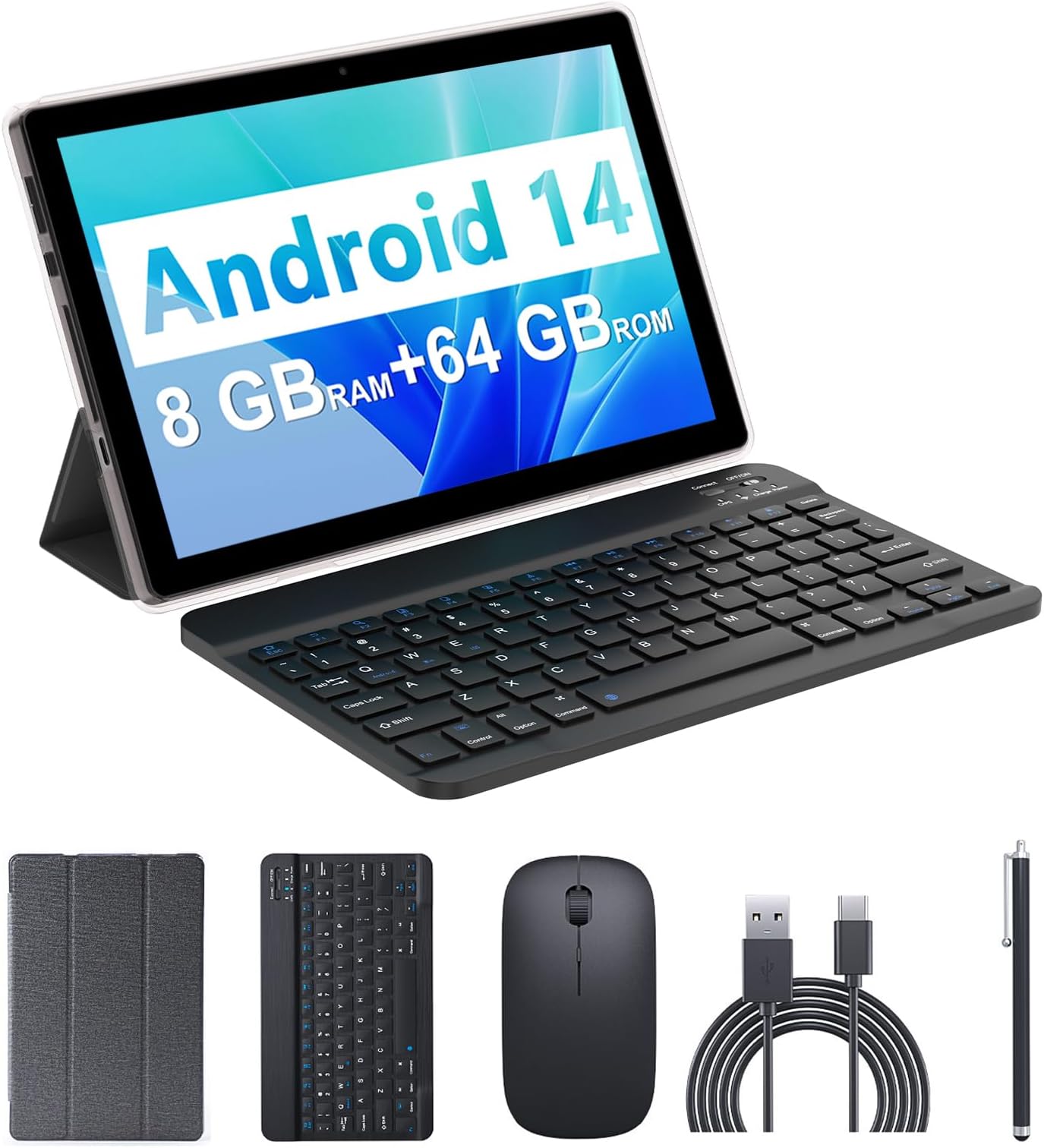 2 in 1 tablet 2023, 10 inch Android 11 tablet with keyboard, 4GB+64GB, tablets with mouse stylus, 1.8GHz Quad Core, 1280x800 HD Touchscreen, 8MP Dual Camera,