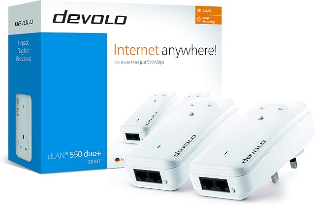 Devolo Dlan 550 Duo+ Se Powerline Kit (500 Mbps, 2x Homeplug Plc Adapters, 2x Lan Ports, Pass-Through, Ethernet Access Over Powerline, Internet Extension) Exclusive To Amazon