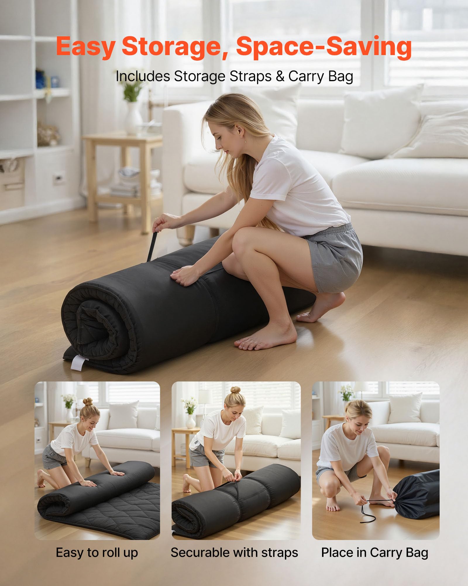 VEVOR 9-warstwowy japoński materac futon, grubość 8,9 cm, mata, składany zwijany materac do spania, z torbą do przechowywania, przenośny materac podłogowy, na kemping, do akademika, jogi, czarny