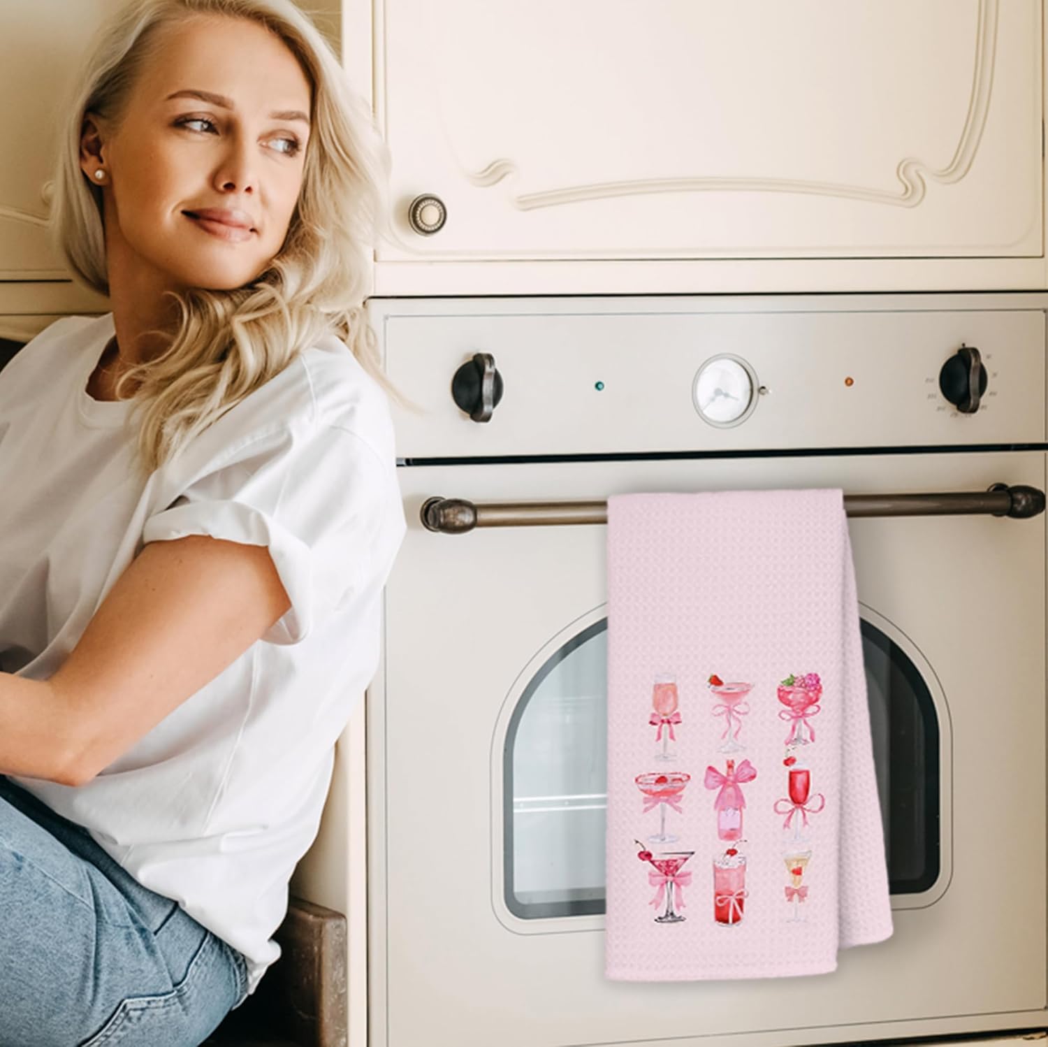 Pink Coquette Bow Cocktail Champagne Kitchen Towel, Gifts for Cocktail Lovers Hand Bar Towels for Kitchen, Pink Aesthetic Drinks Decorative Dish Towels Drying Cloth, 16x24 Inch - Image 2