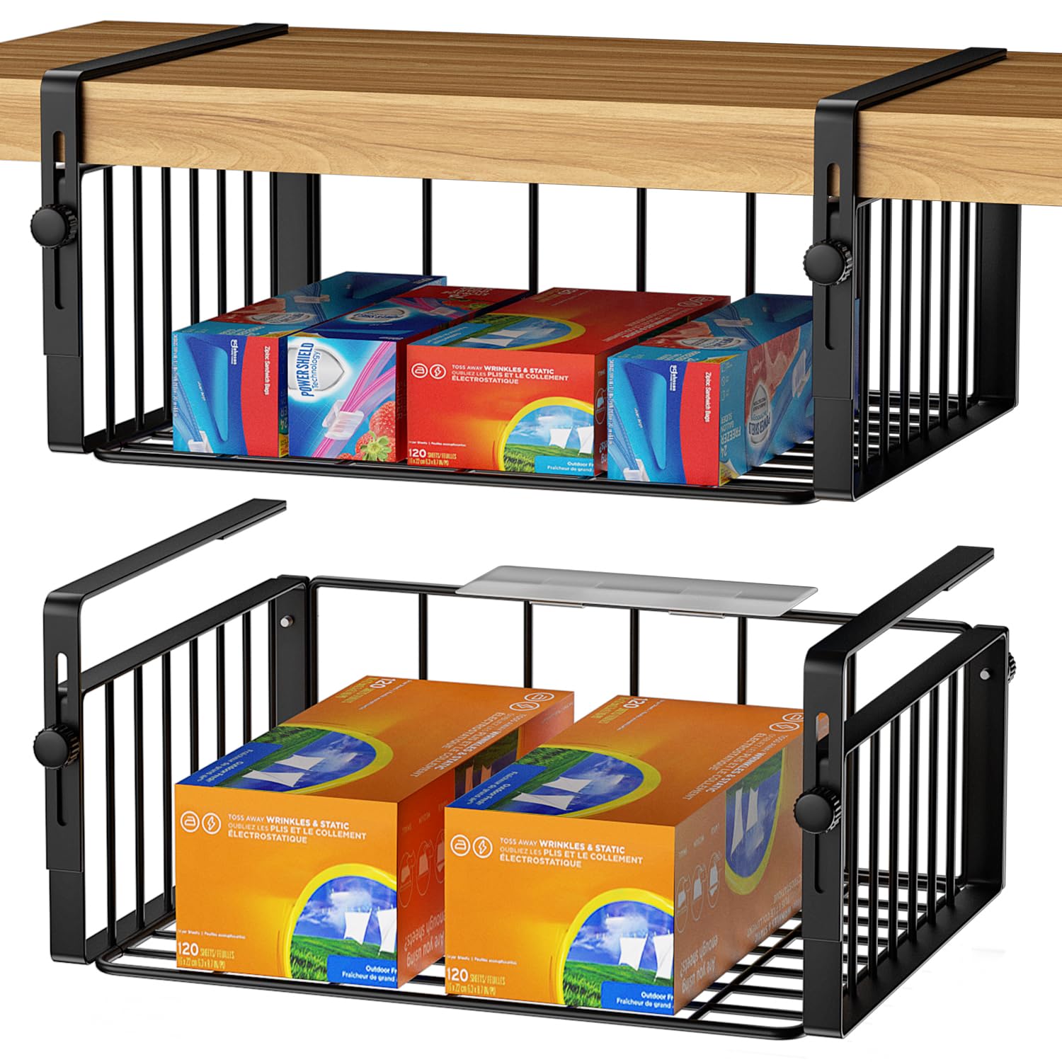 AmonHouseware Paquete de 2 cestas de almacenamiento colgantes debajo del estante, estantes de almacenamiento adicionales debajo del gabinete, organizador para lavandería, cocina, despensa, escritorio