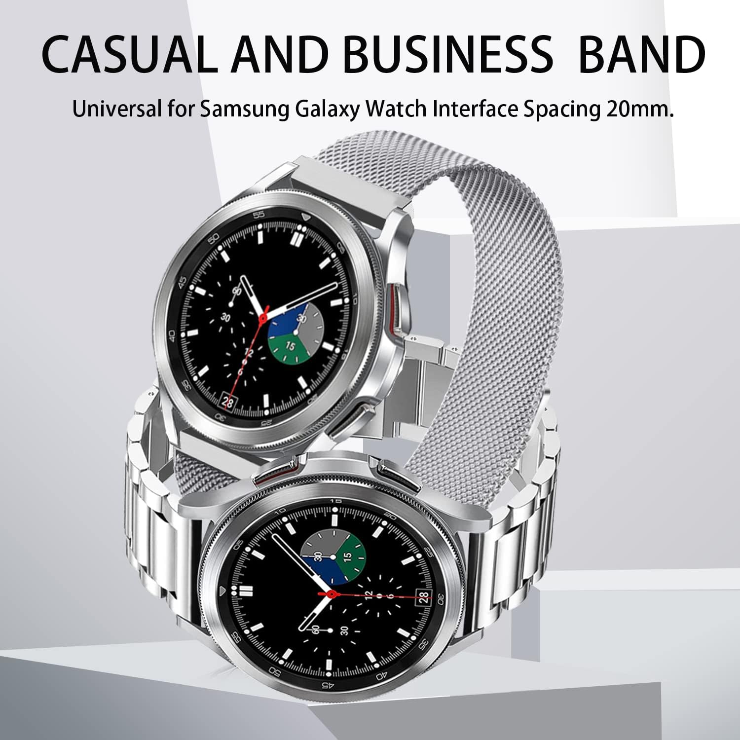 Kompatybilny z zegarkiem Samsung Galaxy Watch 7, 6, 5, 4, FE Band Pro Classic Active 2, 40 mm, 44 mm, 43 mm, 47 mm, 45 mm, 42 mm, 46 mm, 20 mm, 3, 41 mm, męski, damski, metalowy, elegancki, biznesowy