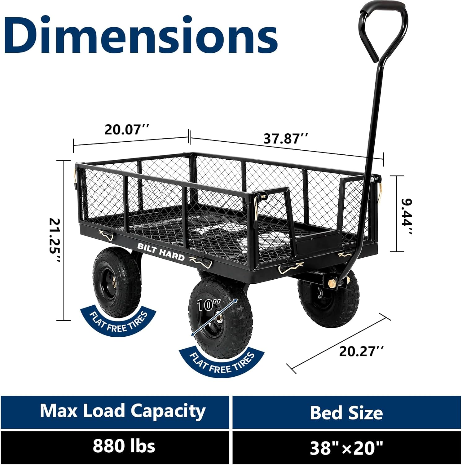 BILT HARD Heavy Duty 400 Lbs Capacity Mesh Steel Garden Cart, 4 Cu.Ft Heavy Duty Garden Cart with 180° Rotating Handle, Removable Sides, 10" All Terrain Wheels Capacity Utility Steel Wagons for Yard