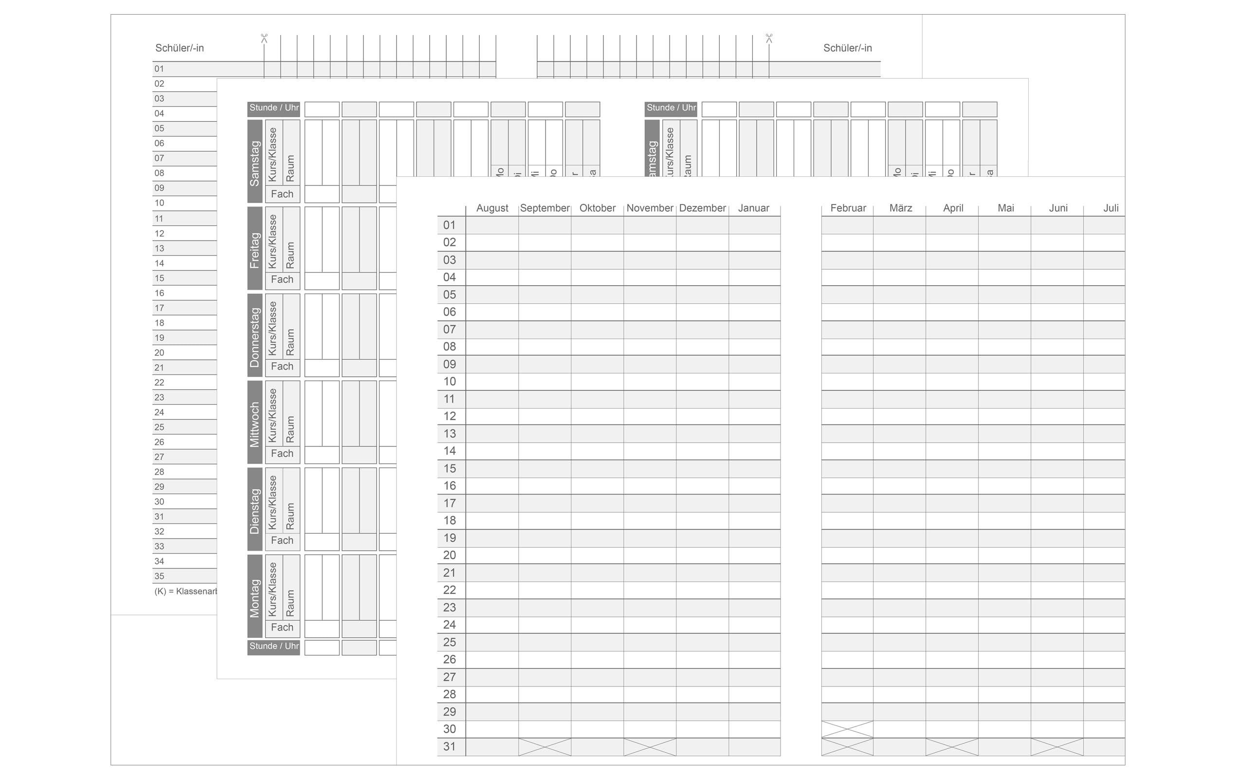 X17-Lehrerkalender/Lehrerplaner A5| 2026-2027, graphit; aus recyceltem Leder. Austauschbar: 4 Hefte: Schulkalender 07-12.24 + 01-08.25 + Schülerlisten + linierte Notizen. Made in Germany.