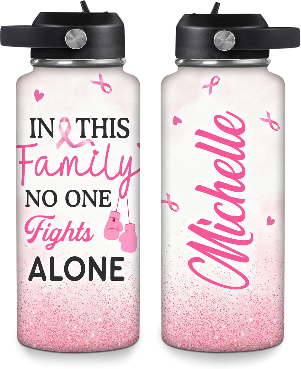 Hyturtle Personalized Breast Cancer Awareness Water Bottle – Custom Name Pink Ribbon Boxing Gloves Stainless Steel Insulated Bottle 18 oz 32 oz, Breast Cancer Survivor Encouragement Gifts for Women