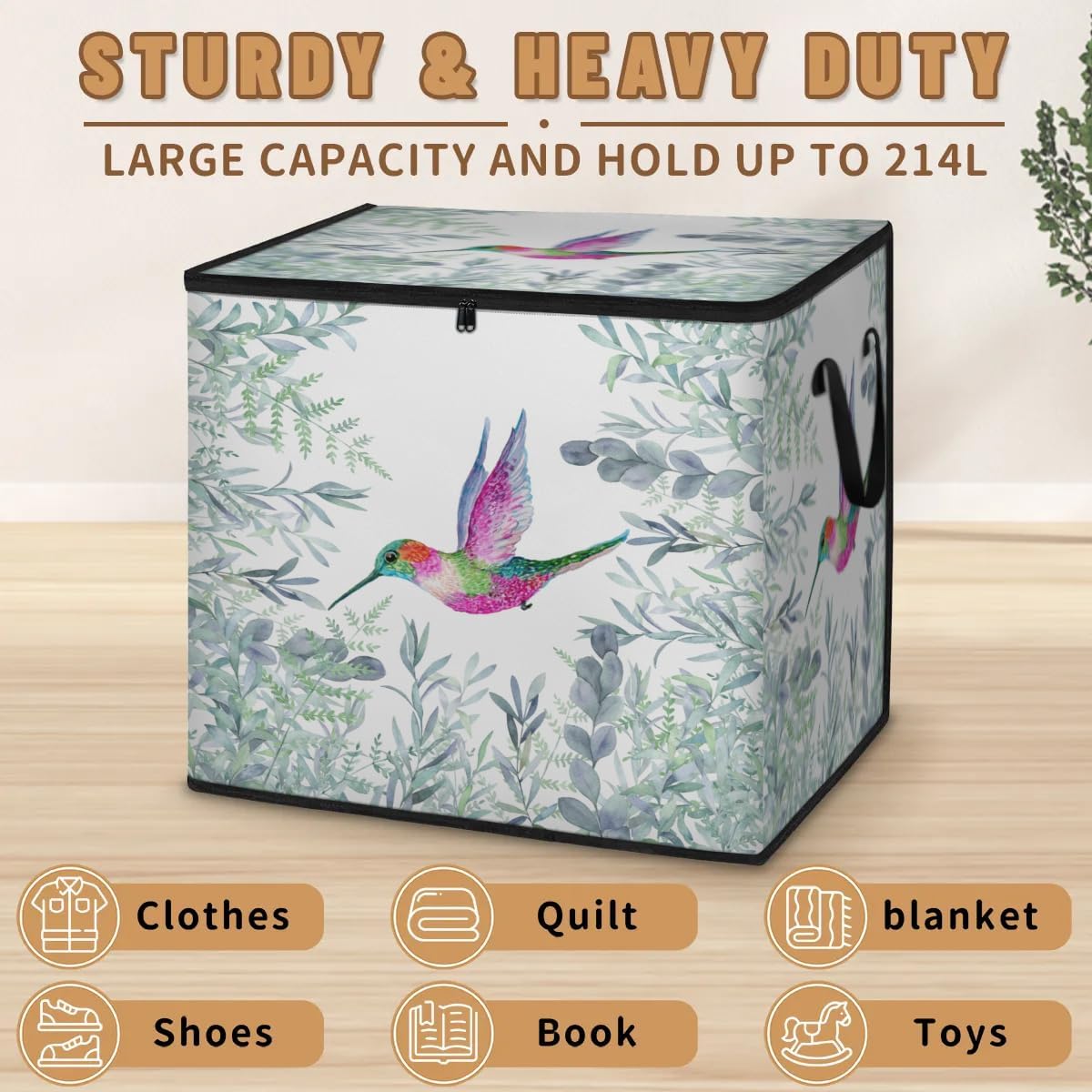 Honeybaby 214L Extra Large Comforter Storage Bag Hummingbirds Eucalyptus Storage Totes with Lids Waterproof Closet Organizer Folding Blanket Storage Bags for Clothes Bedding Pillows