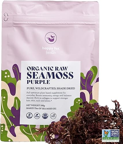 HAPPY FOX Purple Sea Moss Raw Organic for Seamoss Gel - Wildcrafted, marca de confianza aprobada por Dr. Sebi, bienestar natural holístico - Hace