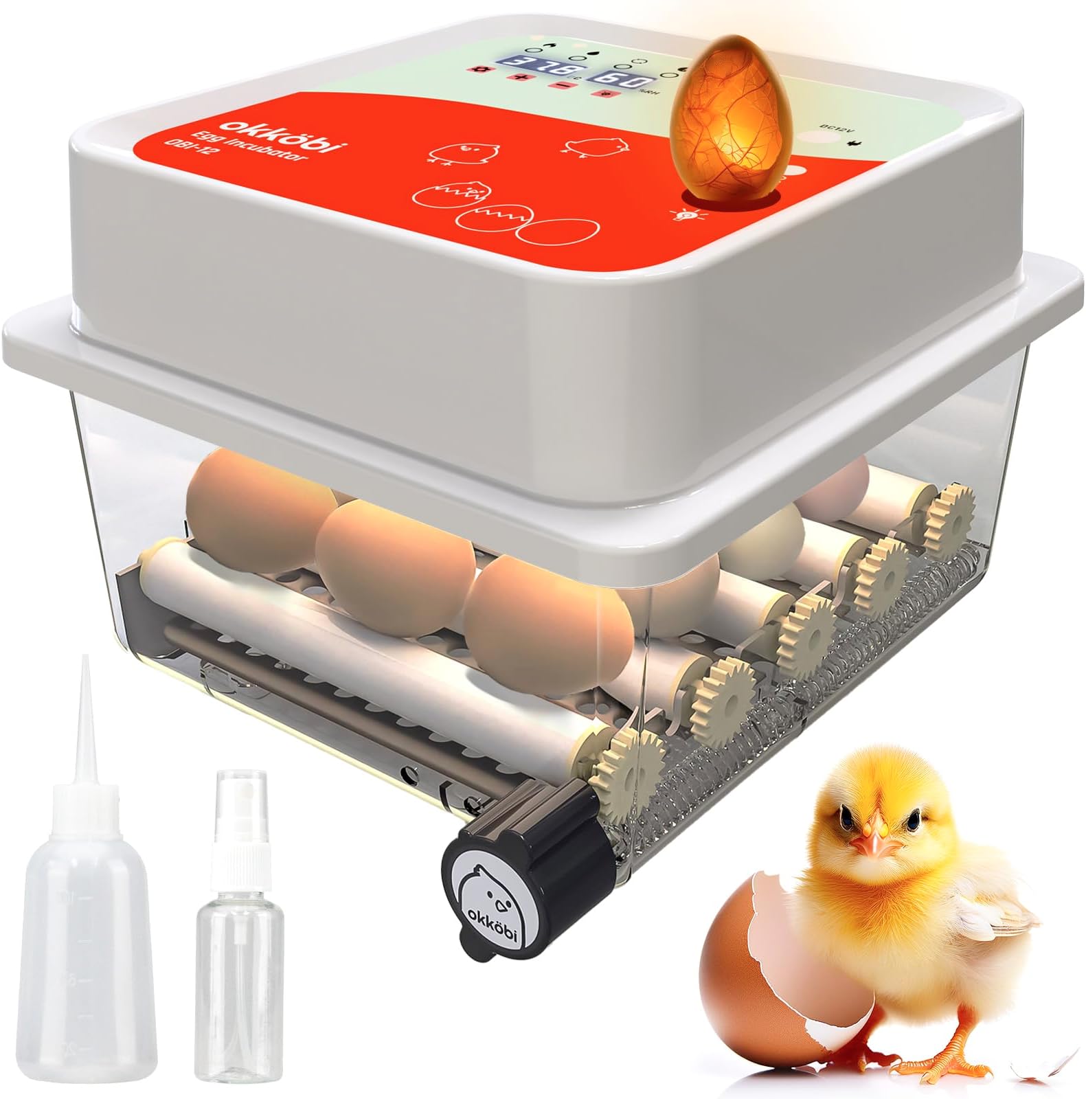 Incubators for Hatching – 12 Eggs – Ideal for All Ages – Incubator with Automatic Turning and Humidity Control – Integrated Egg Candler – Okkobi OBI-12