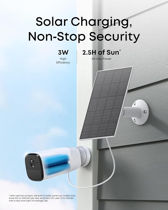eufy Solar Panel (3W), Continuous Power Supply, IP65 Weatherproof for Outdoor Surveillance and Camera Charging, 3W Solar Panel