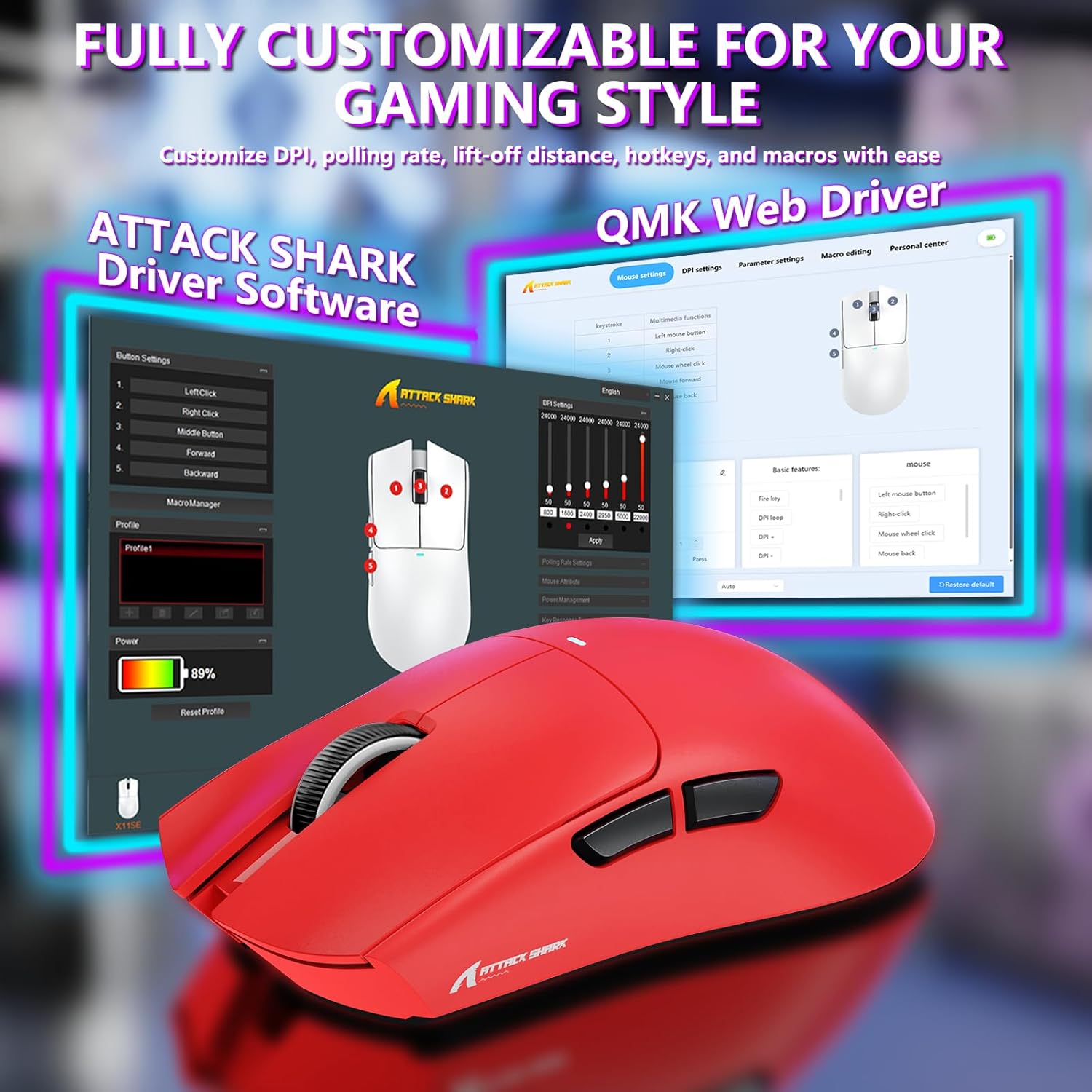 MAMBASNAKE Attack Shark X11SE Lightweight Wireless Gaming Mouse, Tri-Mode 2.4G/USB-C Wired/BT, 22K DPI, PAW3311 Optical Sensor, 59g, 5 Programmable Buttons, 300mAh Battery for PC/Mac(Red)