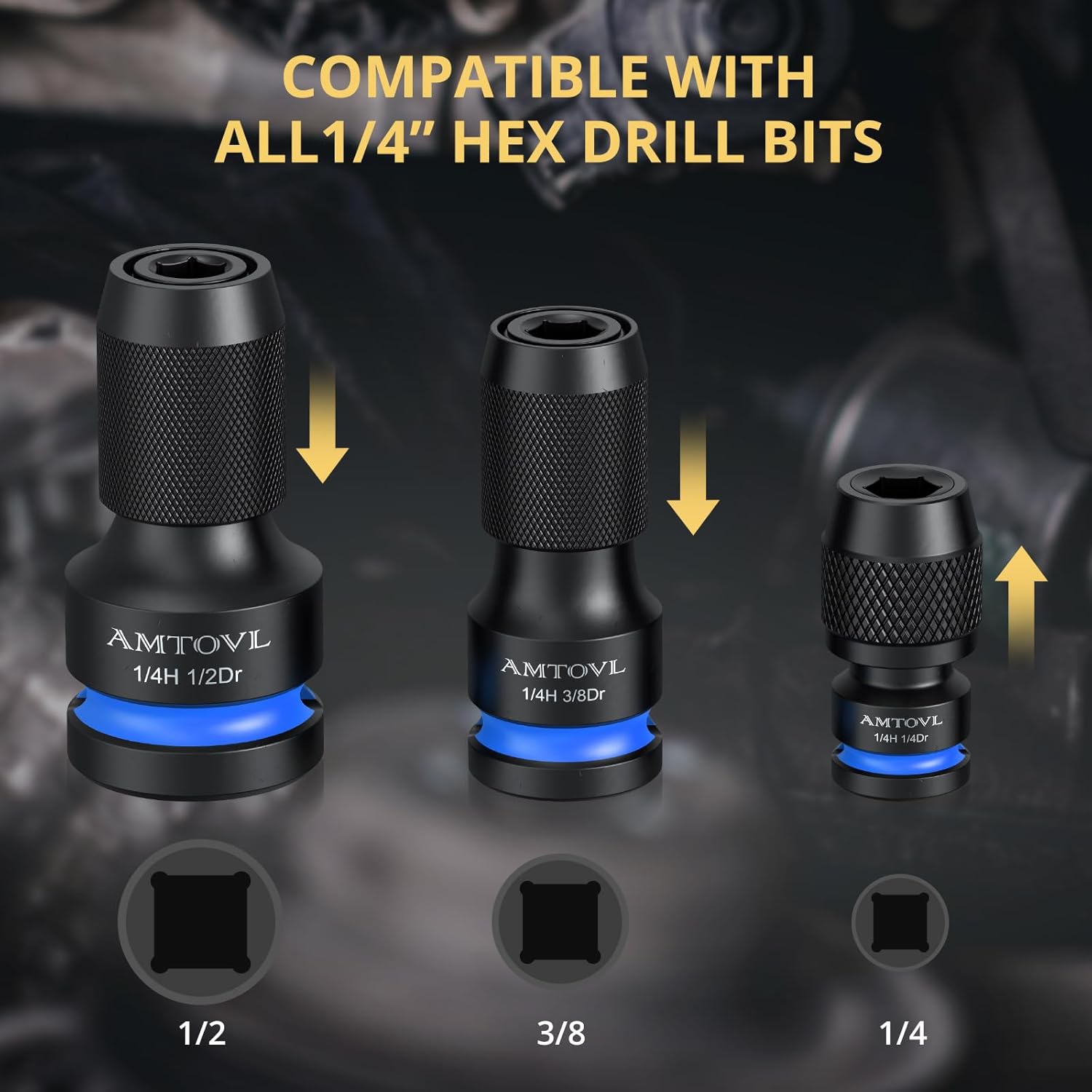 AMTOVL Impact to 1/4 Hex Converter - 1/2 3/8 1/4-Inch Drive Female to 1/4-Inch Hex Adapter, w/ 3PC Socket Adapters, Impact Wrench Adapter for Ratchet Wrench Drivers, Quick-Change Chuck