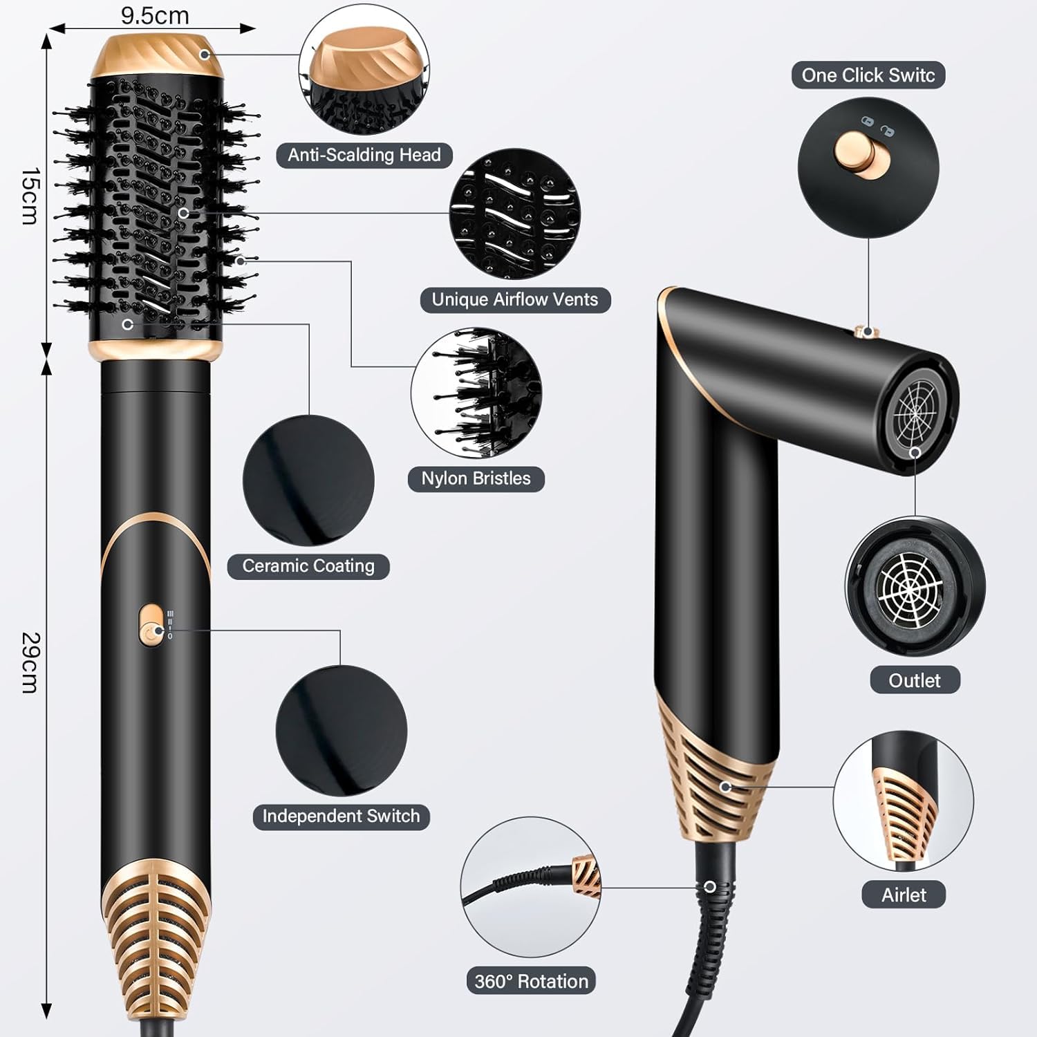 KYN 6 en 1 Airstyler, Brosse Soufflante Chauffante, Repliable Brosse à Cheveux avec Rouleau de Boucle Automatique Rotatif, Céramique Ionique Hairstyler pour Lisser, Boucler, Donner du Volume
