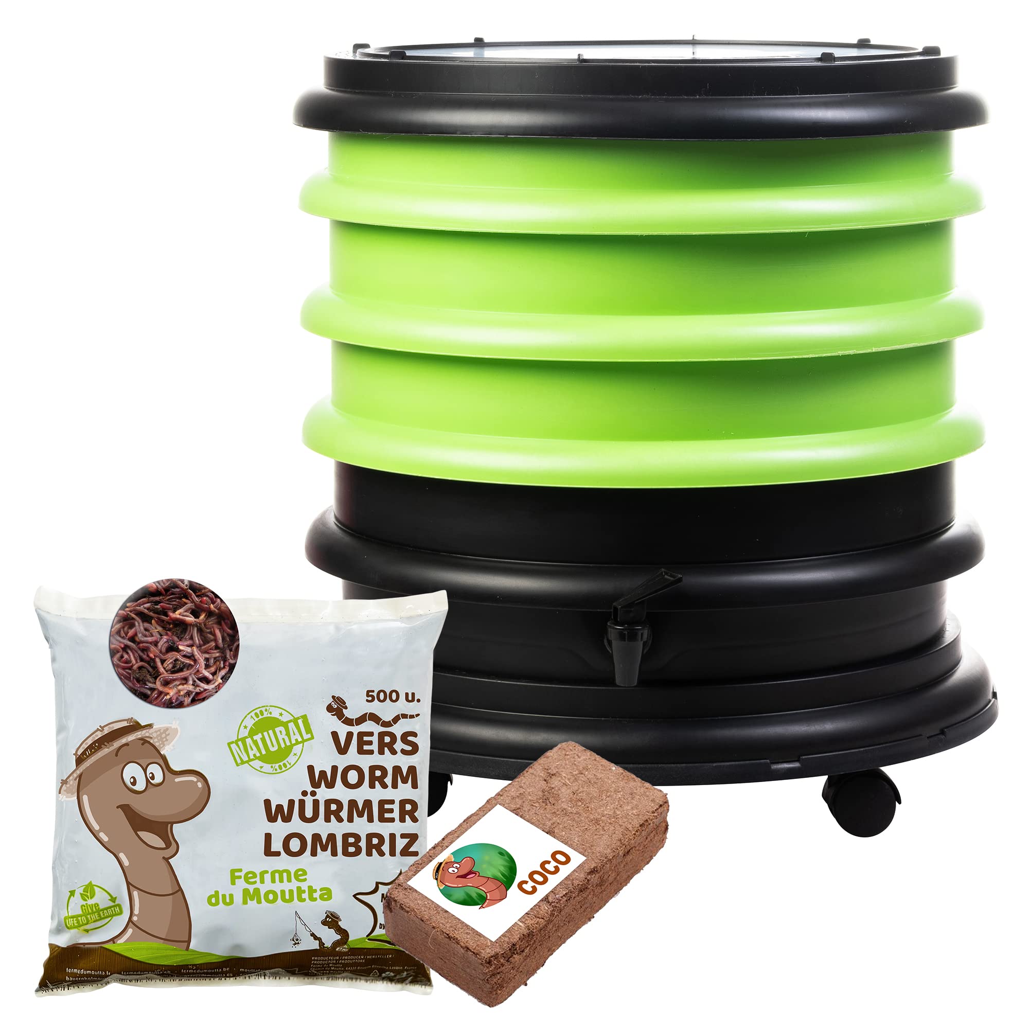WORMbox | Wormery Worm Farm composter 3 Green Trays + 250gr of Compost Worms / 500 ctn + 1 Coco| 48 liters | Organic Waste Compost, make your Worm Castings