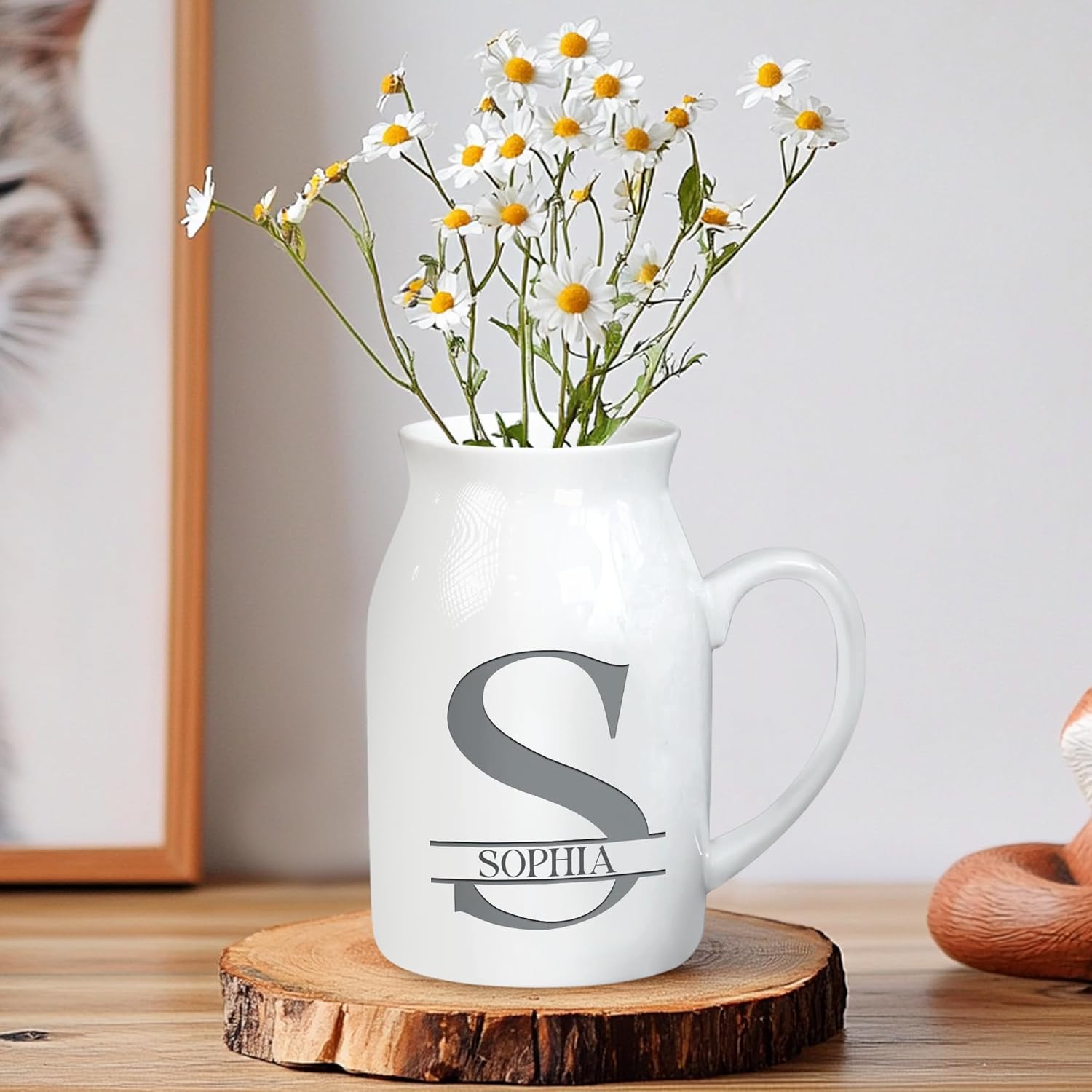 Personalized Initial Monogram Flower Bud Vase, Custom Elegant Alphabet Milk Jug Pitcher with Letter & Name, Home Decor for Women, Birthday, Mother’s Day