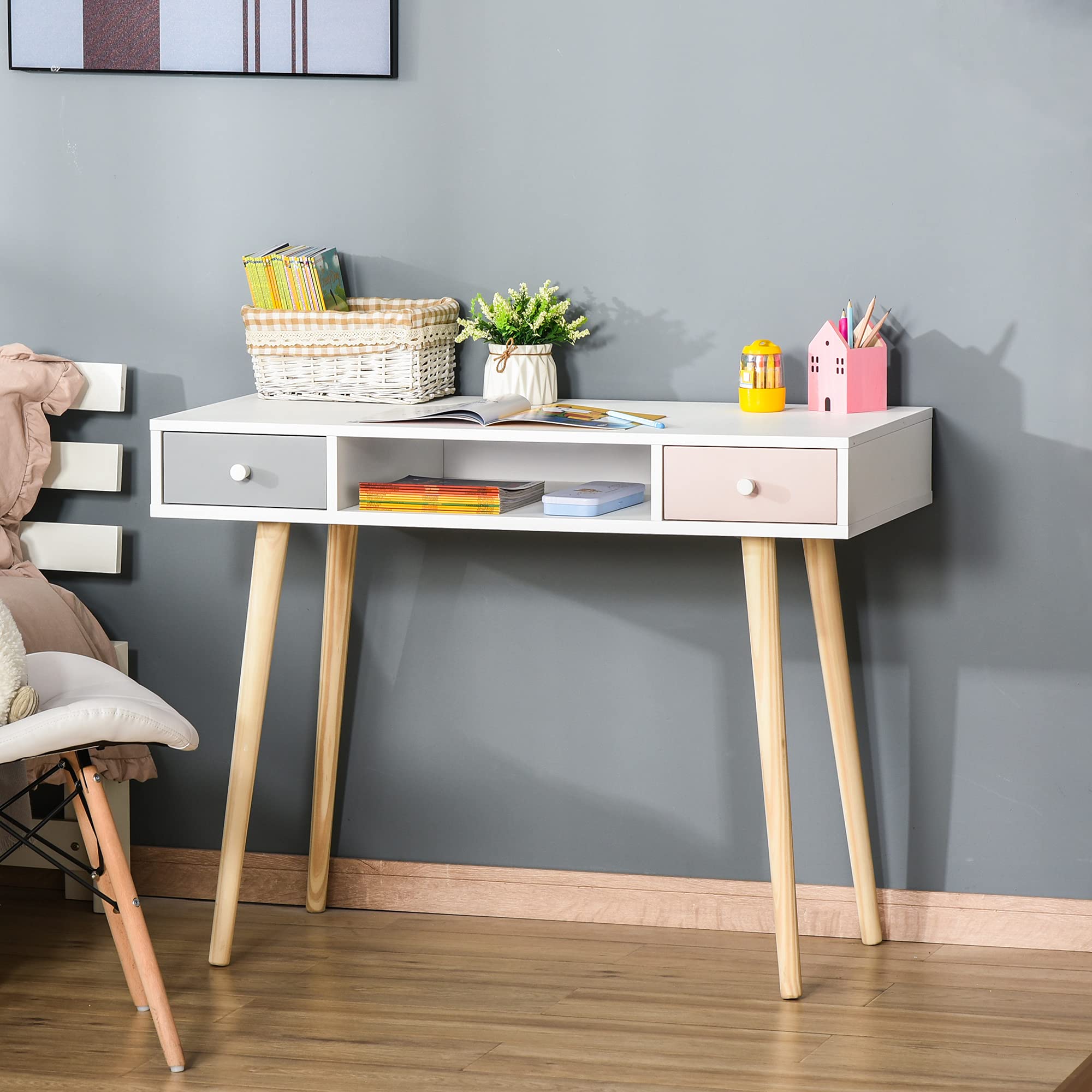 HOMCOM Mesa de Escritorio Infantil con 1 Compartimento Abierto y 2 Cajones Estilo Nórdico 100x48x76,5 cm Multicolor
