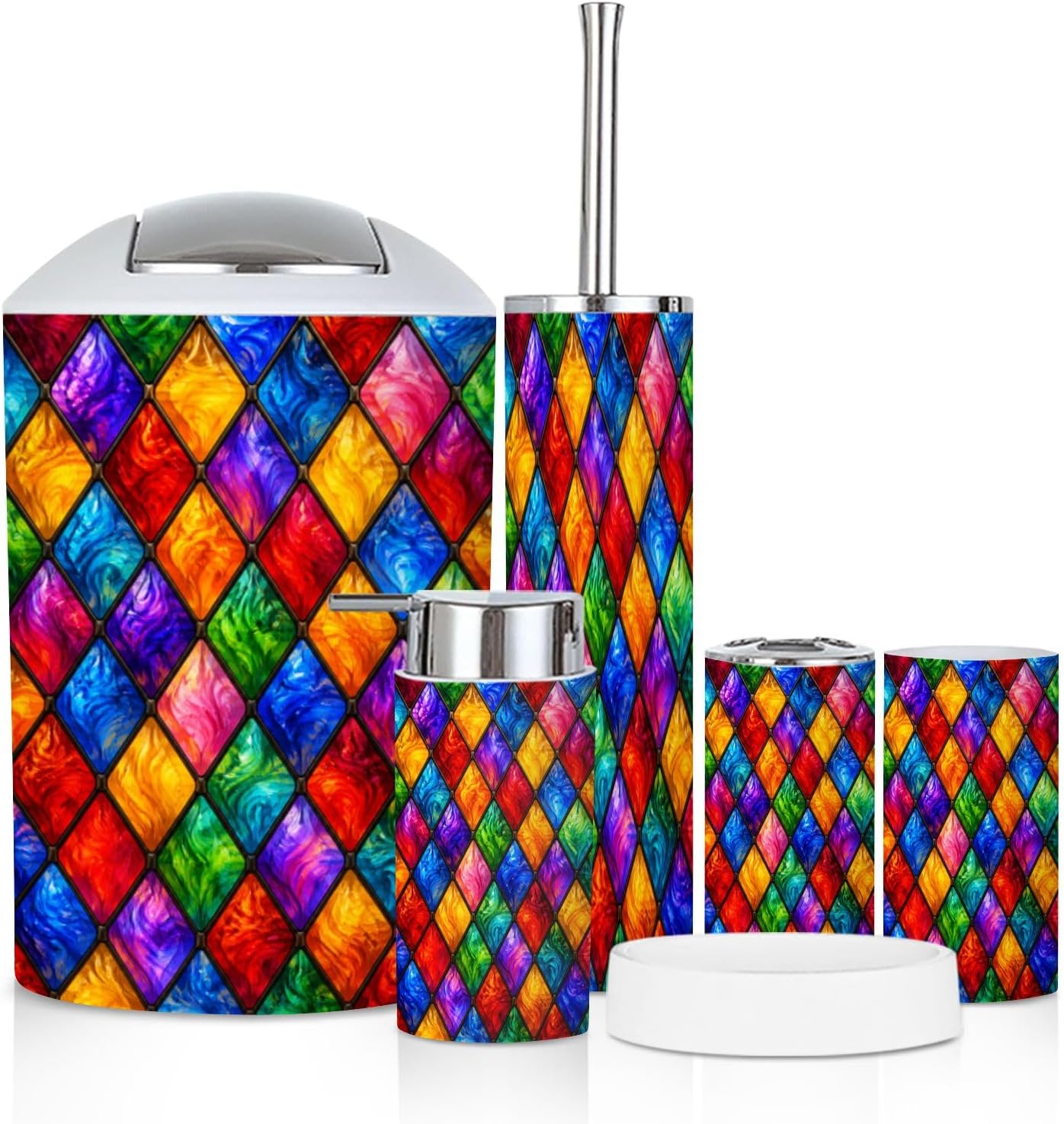 Bathroom Accessory Set 6PCS Stained Glass Effect Seamless Colored Glass Rhombus for Window 3D Trash Can, Soap Dispenser, Toothbrush Holder, Toothbrush Cup, Toilet Brush Holder, Soap Dish for Gift
