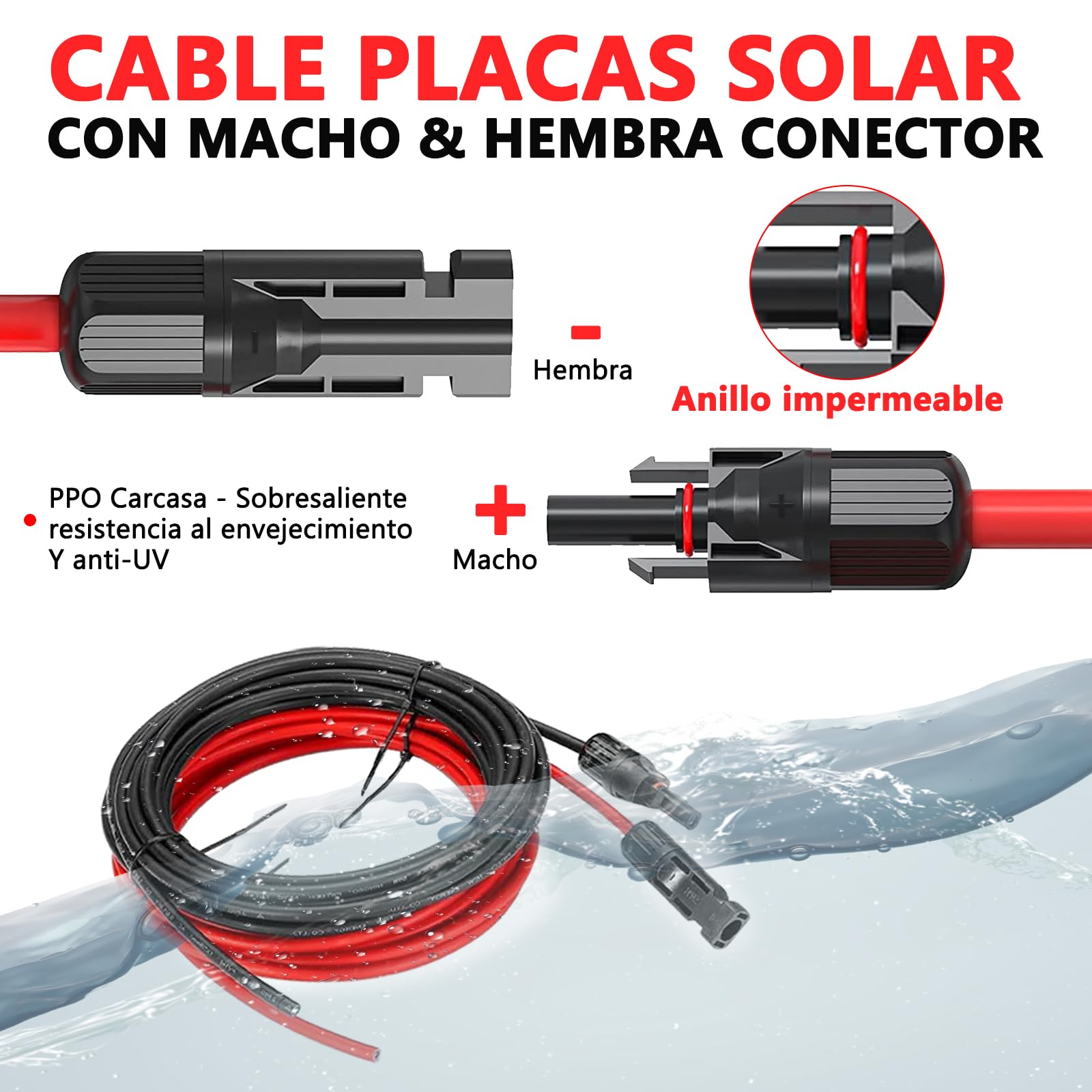 Oududianzi Cable Solar 6mm²/4mm², Prolongador Cabo Placa Solar 1/2/3/5/8/10/15/20/30m, Extensor Cable fotovoltaico 6mm2 con Conectores Hembra y Macho para Paneles Solares Sistemas (6mm² 5m)