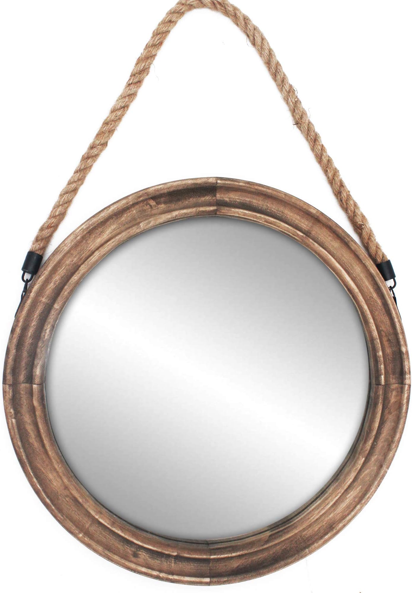 16.2 Inch Rustic Round Decorative Mirror with Solid Wood Frame&Rope Hanging,Farmhouse Antique Wall Decor (L)