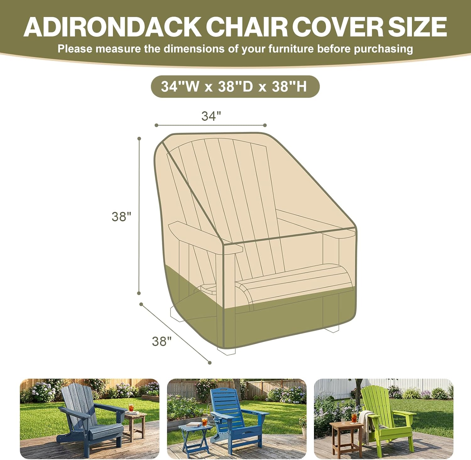 Aoodor Heavy Duty Patio Chair Cover, 600D Waterproof Oxford Patio Furniture Seat Covers with Air Vents for Adirondack Chair/ Deep Seat/ Outdoor Swivel, 34W x 38D x 38H