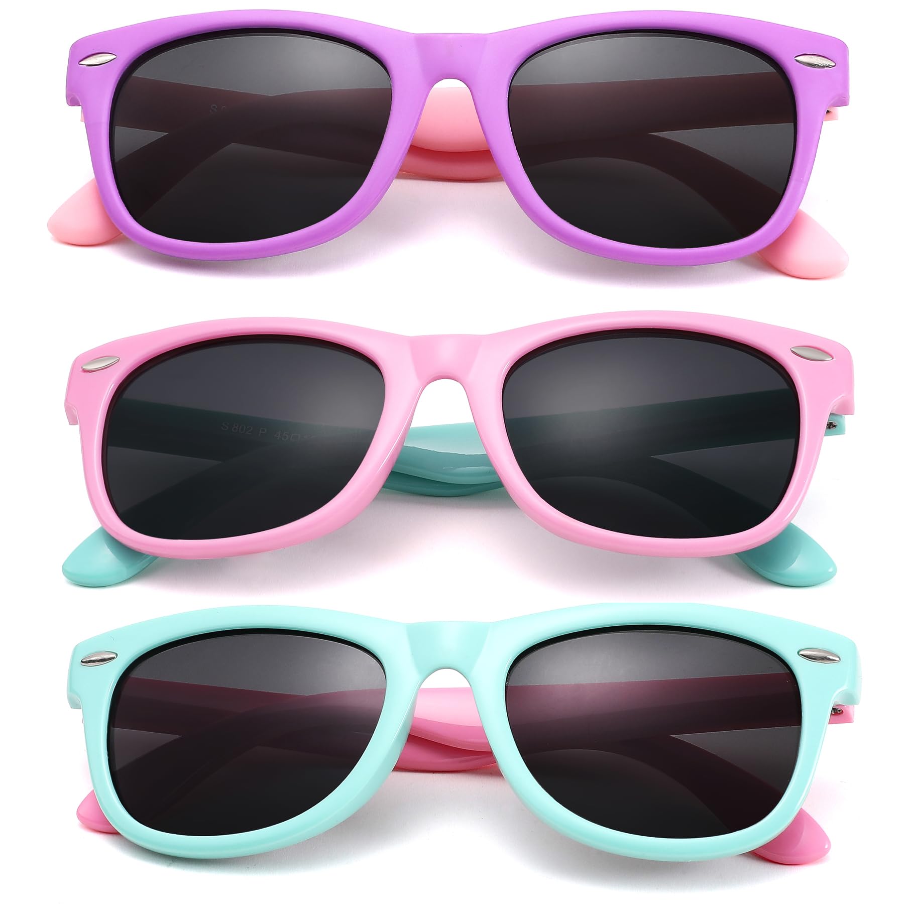 Melpomenia Kids Polarized Sunglasses for Girls Boys - 3 Pack TPEE Rubber Frame Shades for Toddler Children Age 3-9(Purple/Grey + Pink/Grey + Pink-Green/Black)