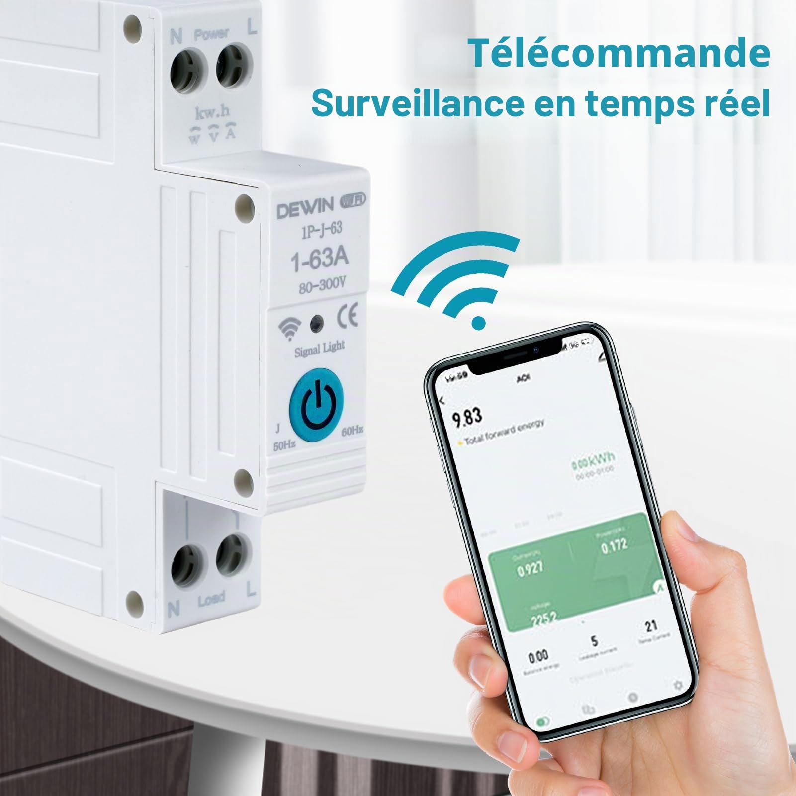 Disjoncteur connecté Tuya smart APP disjoncteur wifi Disjoncteur Intelligent compteur electrique connecté 63A contacteur wifi Charge Overcurrent Protection interrupteur à air 1P-J-63