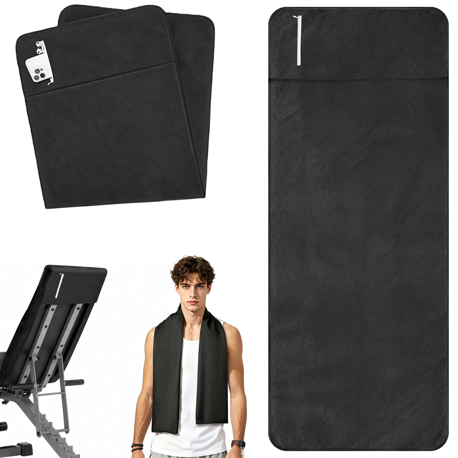 HOTUT Gym Towel with Zip Pocket, High Absorbent Sports Fitness Towel, 50 x 125cm Gym Sweat Towel with Cold Feeling, for Crossfit Weightlifting and Running, Black