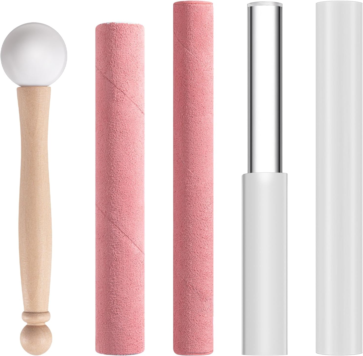 Nuanchu 5 Pcs Crystal Singing Bowl Mallet Set Includes Sheepskin Solid and Hollow Sound Sticks Singing Bowl Rubber Mallet with Wood Handle Clear Acrylic Striker for Playing (Pink)