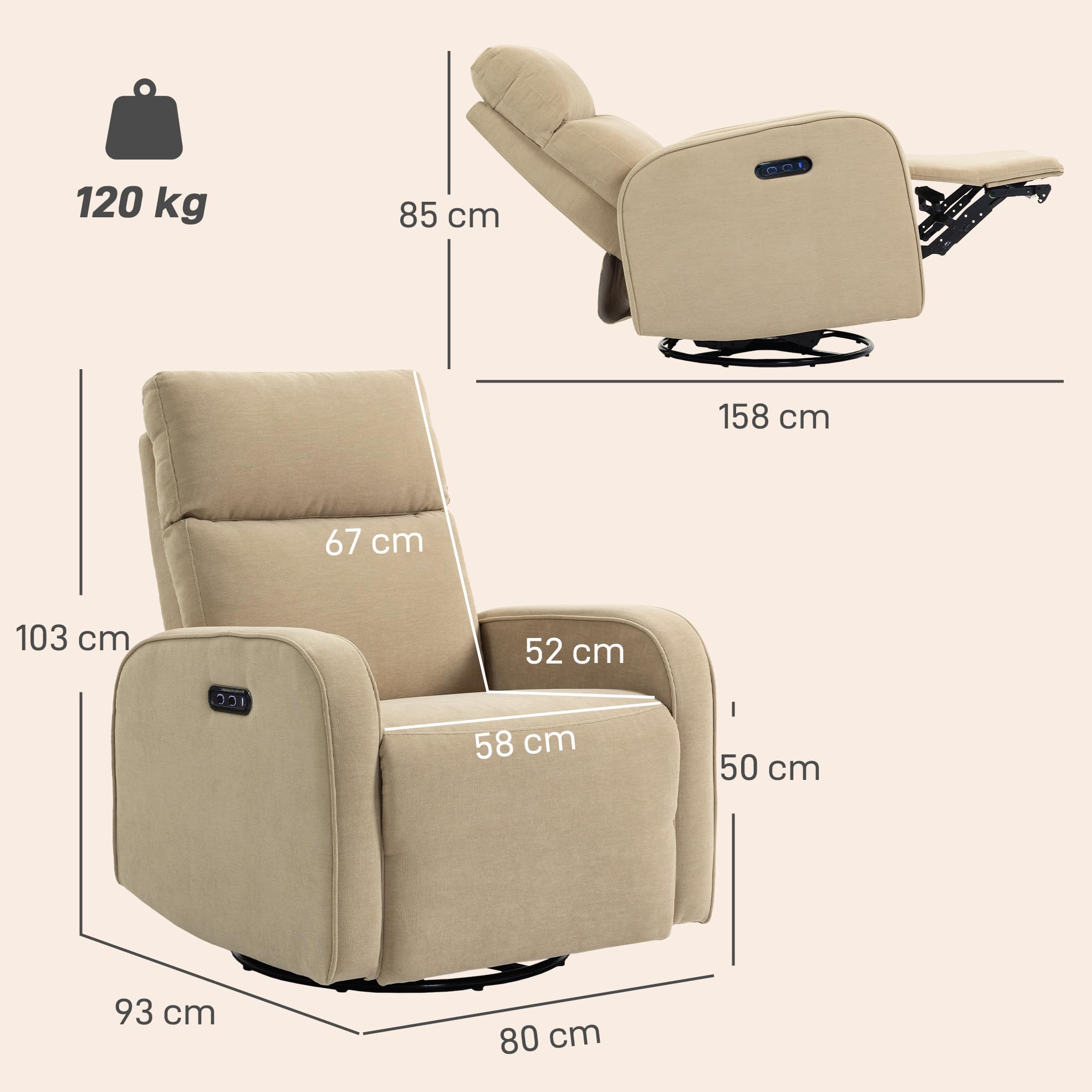 HOMCOM Sillón Relax Reclinable Eléctrico con Doble Motor Reposapiés Beige | Sillón Reclinable de Chenilla Giratorio, Balancín, Reposacabezas Ajustable, Puertos USB y USB-C, Botones Iluminados