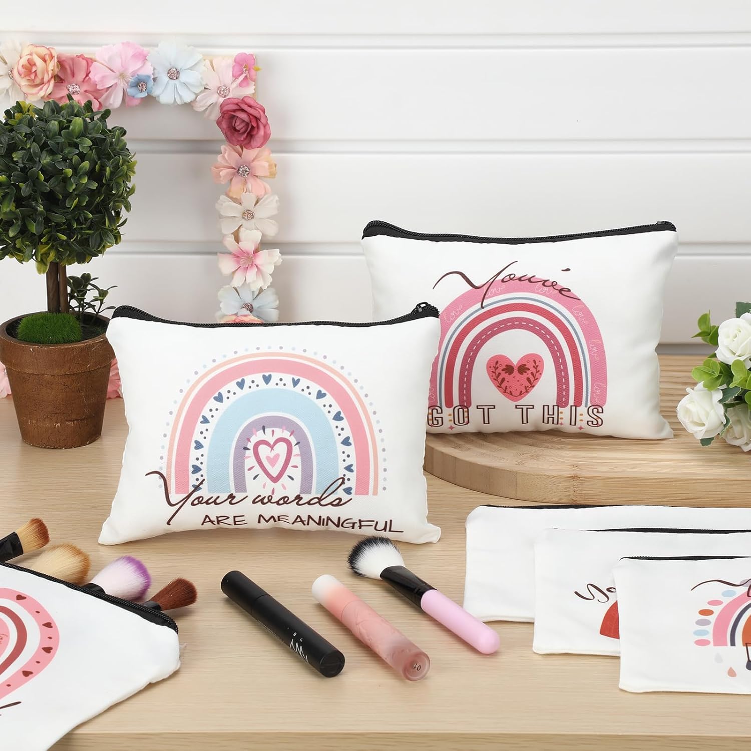 Hillban 64 Pcs Rainbow Canvas Makeup Bag Bulk Valentine Women Gifts 32 Boho Travel Toiletry Makeup Pouch with 32 Inspirational Keychains for Women Party Favor Coworker Employee - Image 5