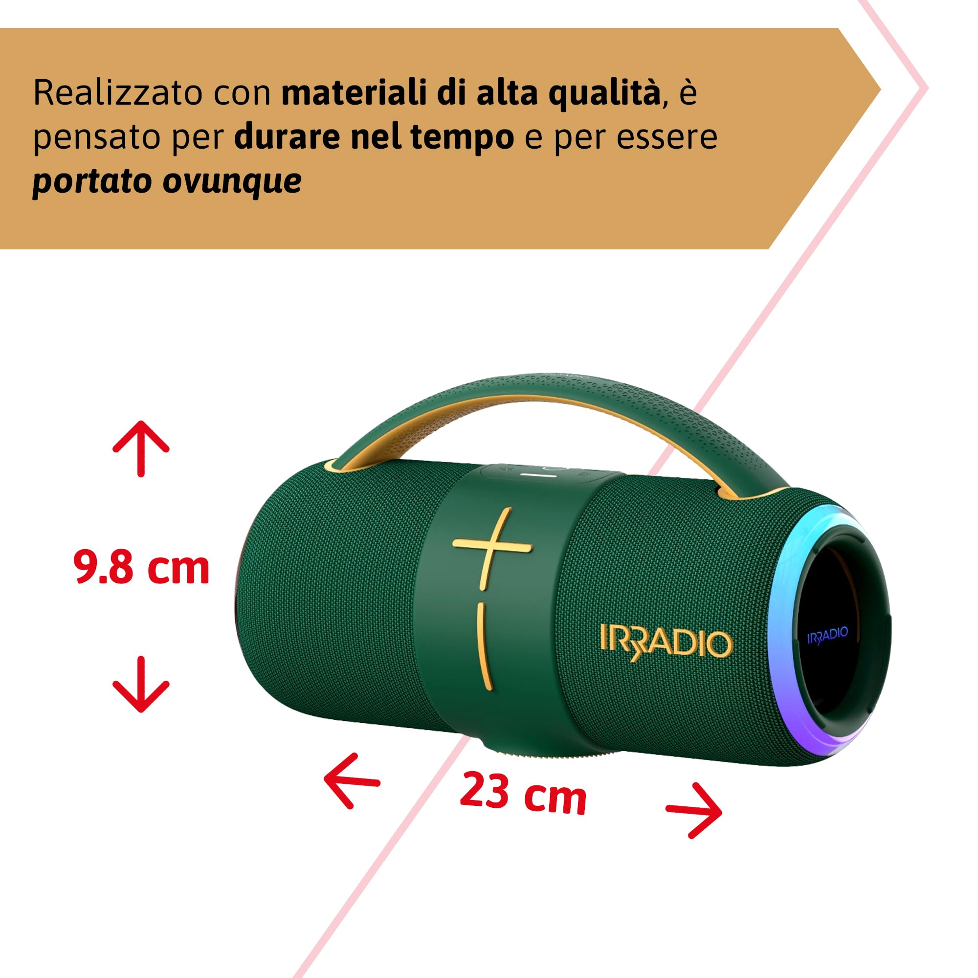 IRRADIO IR-H68, Cassa Bluetooth, Diffusore Wireless Colorato e Potente, Suono Hi-Fi, luci LED RGB, Impermeabile IPX6, 50W di Potenza, Funzione True Wireless Stereo, Ideale per l’Ascolto Indoor e Outdo