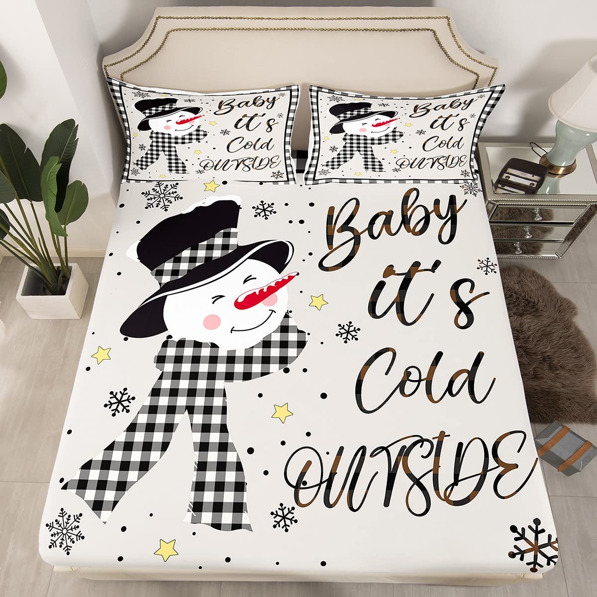 Kids Christmas Snowman Fitted Sheet Single Size,Snowflake Winter Bedding,Girls Boys Adults Home/Xmas Cabin Decor,Geometric Grids Lattice Bed Cover,Rustic Vintage Bedding,1 Pillowcase