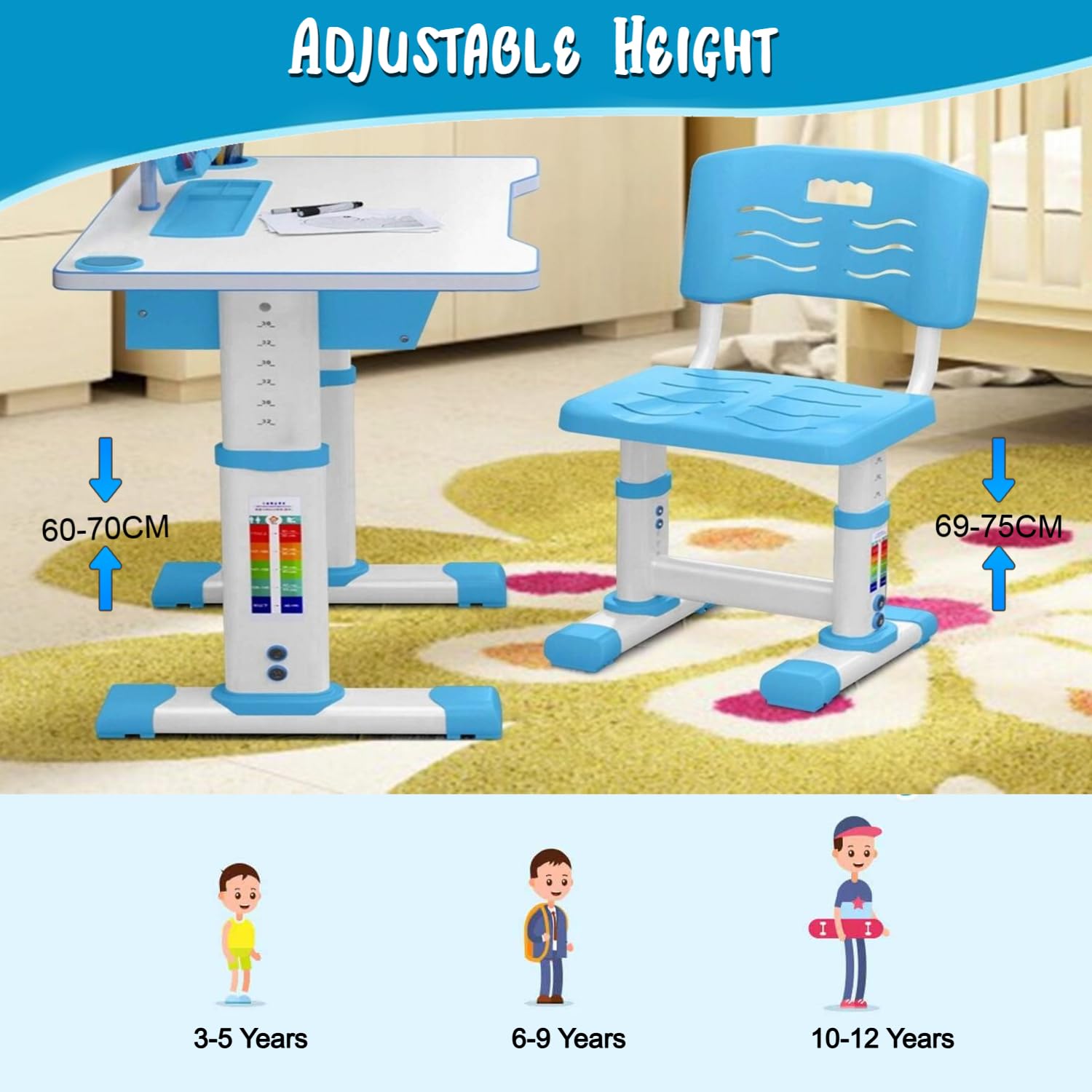 NUCARTURE Adjustable Kids Study Table with Chair Set 3 to12 Years Drawing Learning Reading Children Study Desk Table with Chair Kids Studying Table with Book Pen Holder (Blue) - Image 5 thumbnail
