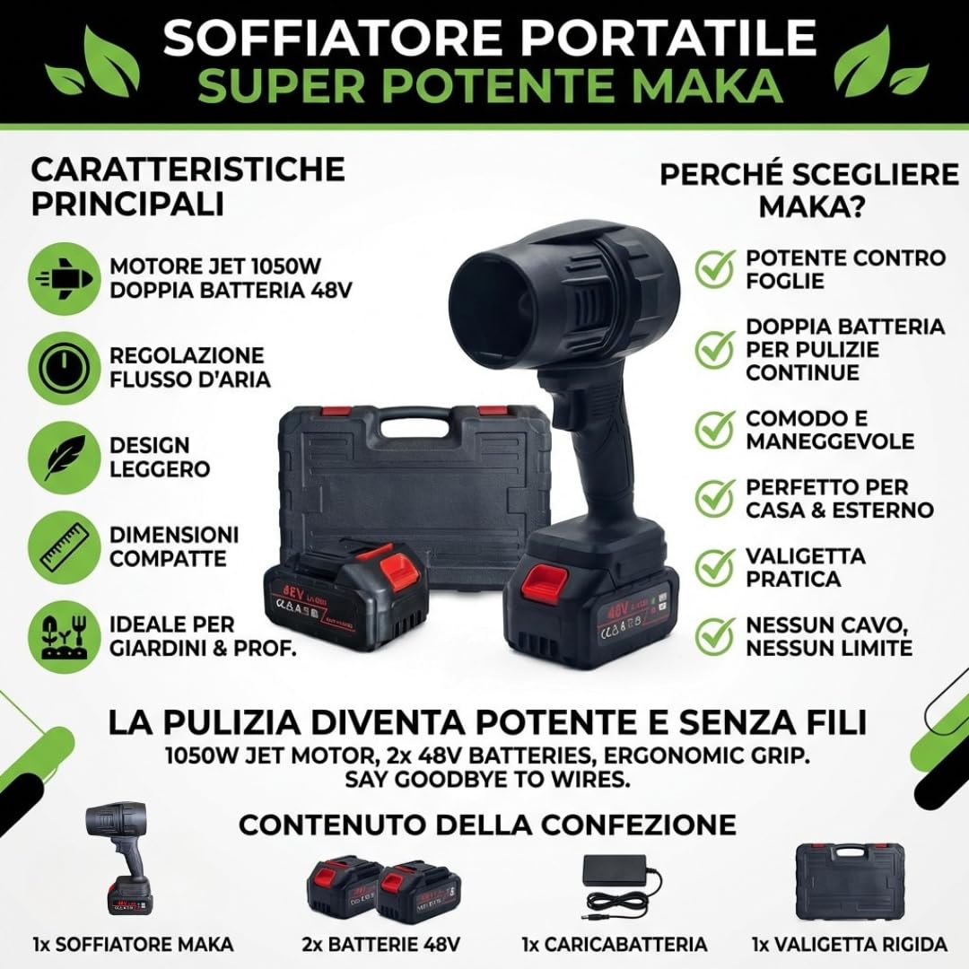 MAKA Soffiatore a Batteria Professionale 1050W, Soffiatore Foglie con Doppia Batteria 48V, Motore Jet Super Potente per Giardino e Terrazze, Design Leggero con Valigetta e Velocità Regolabile (A)