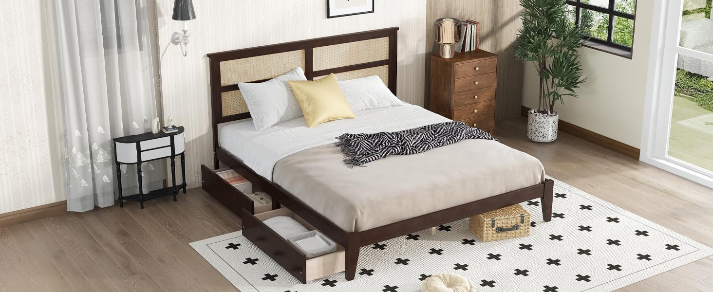 Ball & Cast King Size Platform Bed Frame with Two Storage Drawers,Rattan Headboard and Support Salts & Feet,Rubber Wood Bed with Underbed Storage Space,for Bedroom,Guest Room,Living Room,Espresso