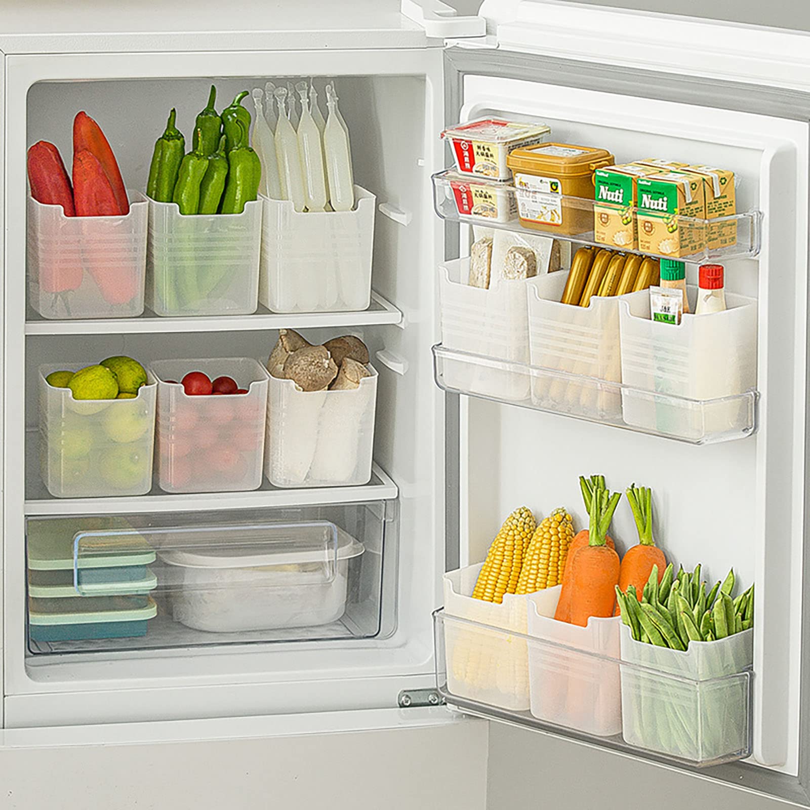 10-teilige Kühlschrank-Aufbewahrungsbox, Kühlschrank-Seitentür, langer Streifen, Lebensmittel, Lebensmittelklassifizierung, Aufbewahrung, verschiedene Formen, Gewürze, Frischhaltebox, Küchenveredelu