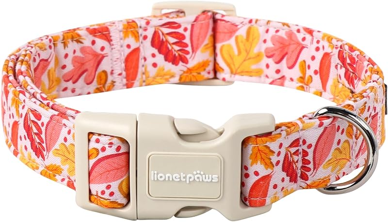 Coleira para Cães e Gatos em Tecido de Algodão com Fecho de Engate Rápido lionet paws, Folhas Rosa e Amarelas, Tamanho S