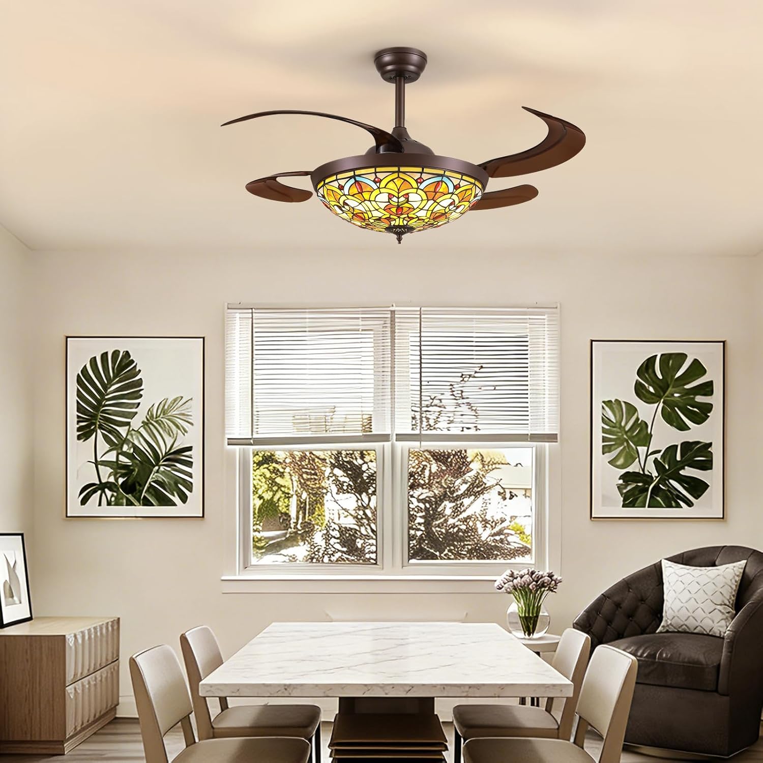 CROSSIO 48" Tiffany Ceiling Fans with Lights Tiffany Vintage Fandelier Vintage Chandelier Fan Stained Glass Ceiling Fan Retractable Blades for Living Room Dining Room