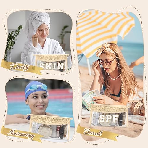 Miniatura 6 de UIXIZQ Pequeñas bolsas de maquillaje transparentes de paja bohemia para mujeres y niñas, bolsa de cosméticos con cremallera de chenilla, bolsa de