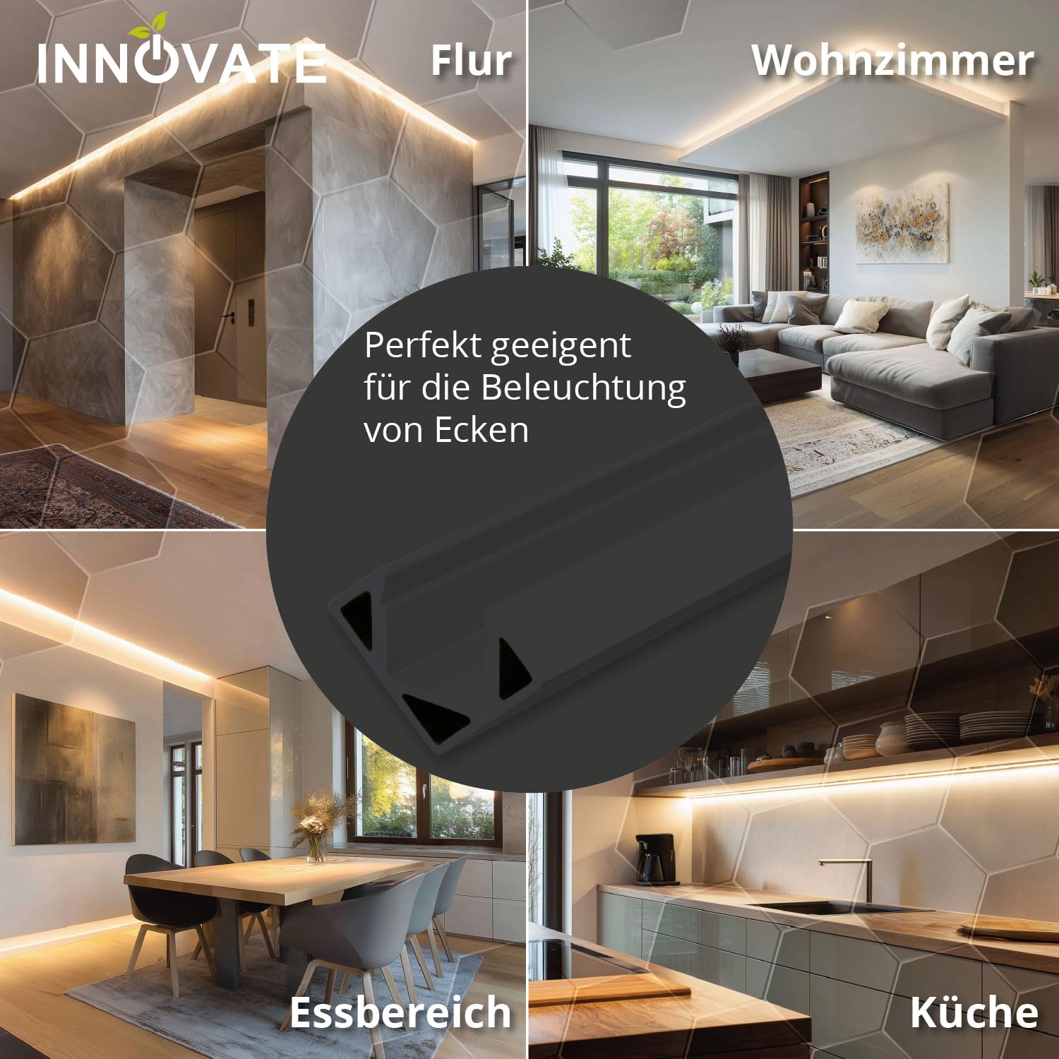 INNOVATE LED Eckprofil 2m inkl. Diffusor 5er Set [Alu Winkelprofil schwarz-klar 11mm] Alu Profil V förmig LED Streifen 2m I Kantenschutz Kleiderschrank Kühlkörper I Indirekte Beleuchtung Wohnzimmer