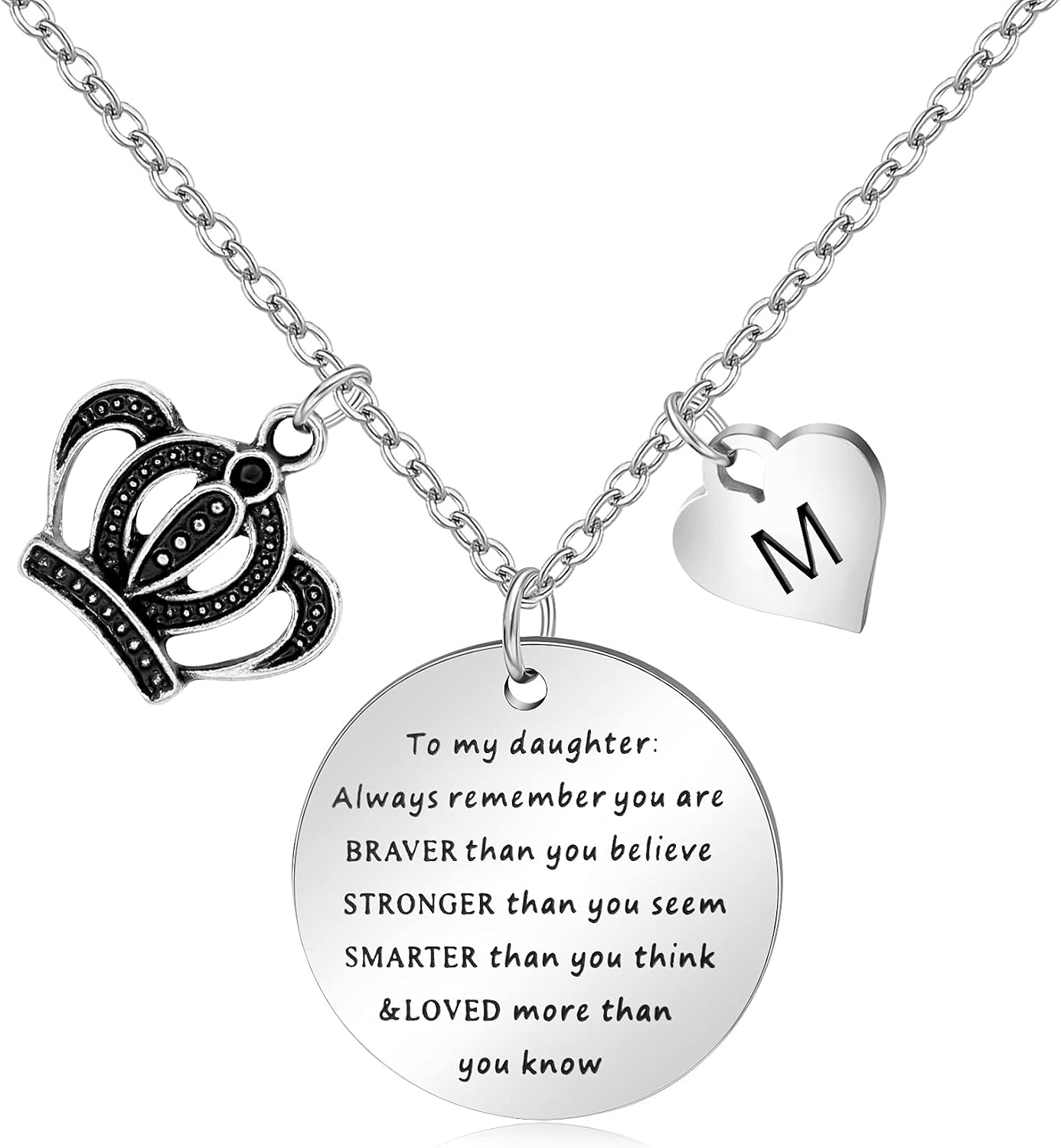 JoycuFF Daughter Gifts from Mom Dad Necklace Inspirational Crown Initial Letter Necklaces for Birthday Graduation Christmas You Are Braver Than You Believe