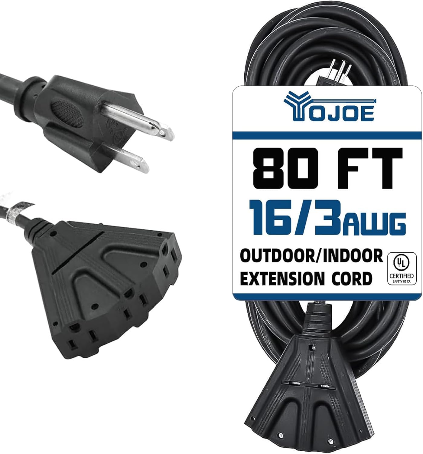 YOJOE 3-Outlets Indoor Outdoor Extension Cord, 3 Prong 10A Weatherproof Power Cord Multiple Outlets, 16 Gauge Heavy Duty 80 ft Black Extension Cord for Garage, Garden, 16/3 SJTW UL Listed