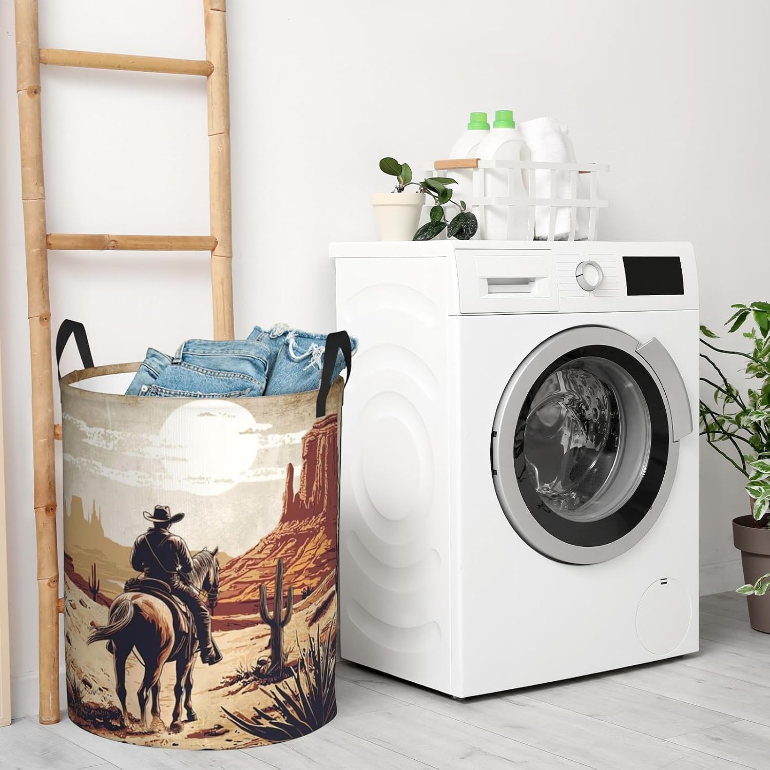 Western Laundry Basket Foldable With Handles Cowboy Desert Riding Tote Bag Oxford Cloth Laundry Hamper Clothes Storage Bucket Toy Organizer For Bathroom Laundry Bedroom Room Home Decor 18.9"x16.5"