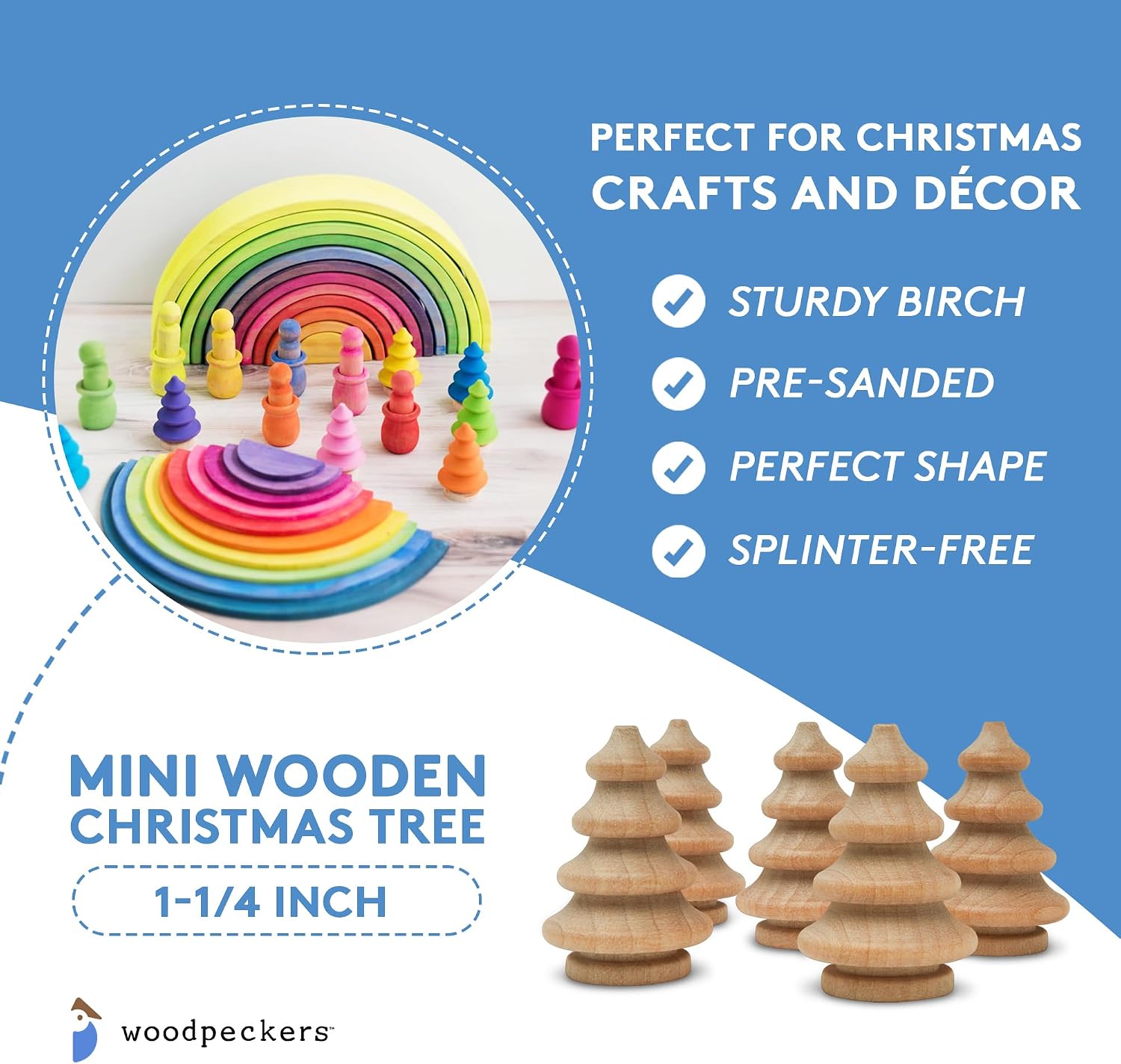 Mini Wooden Christmas Tree 1-1/4 inch, Pack of 25 Unfinished Wood Miniature Trees for Christmas Crafts, Peg People, Nature Table, and Small World Play, by Woodpeckers