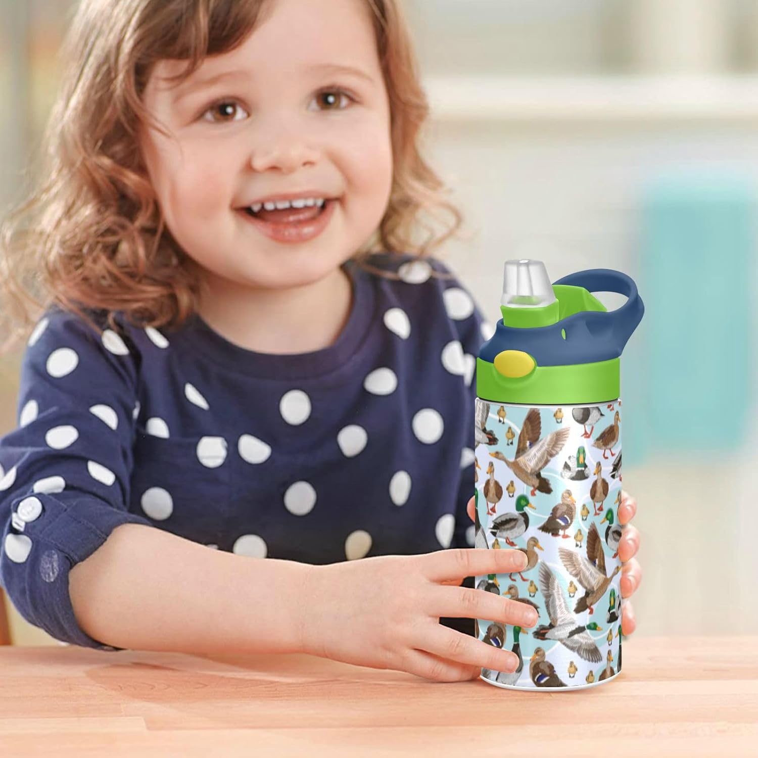 ALAZA Mallard Ducks Pattern Kids Water Bottles with Lids Straw Insulated Stainless Steel Water Bottles Double Walled Leakproof Tumbler Travel Cup for Girls Boys Toddlers 12 oz,Green