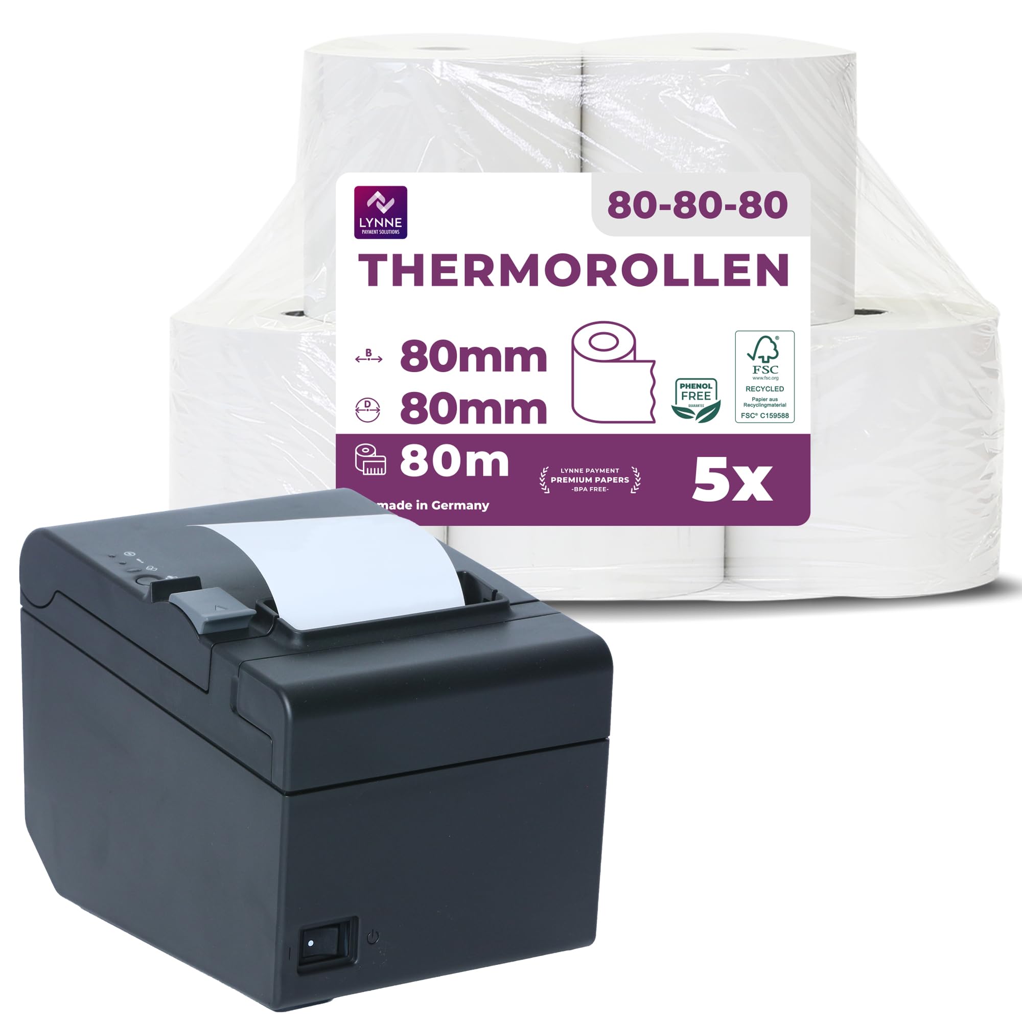 LYNNE - Rouleau Thermique 80x80x12 - Bobine 80x80 pour imprimante - Rouleau imprimante thermique 80mm x 80m x 12mm - Sans BPA - [5x]