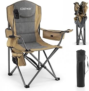 COSTWAY Campingstol vikbar XXL 200 kg lastbar, fällstol vadderad | Överdimensionerad fiskestol med kylväska, mobiltelefonhållare, sidoficka och mugghållare, hopfällbar stol för camping