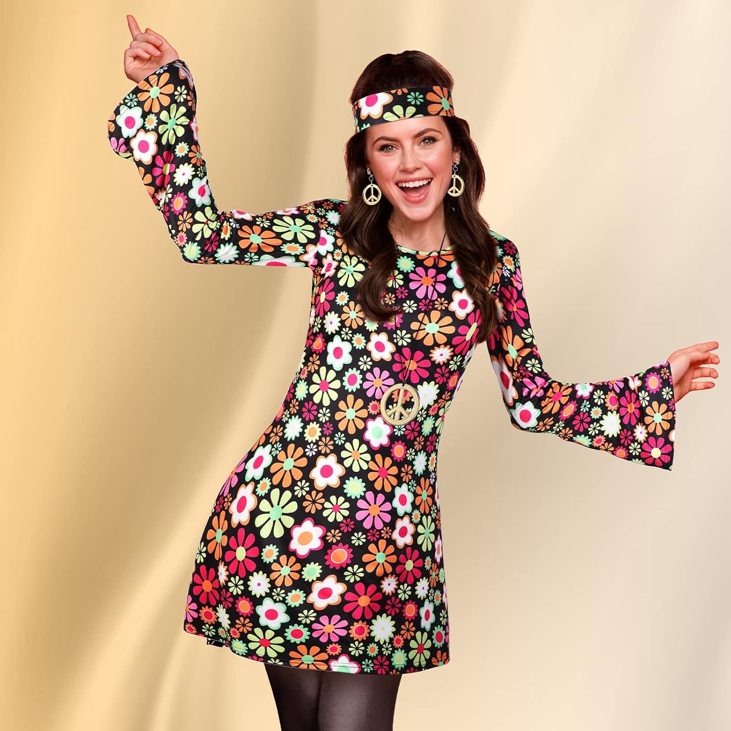 Haysandy 70s 80s Women Hippie Costume Set Disco Outfit Peace Sign Earring Necklace Headband Dress for Women Halloween Party - Image 6